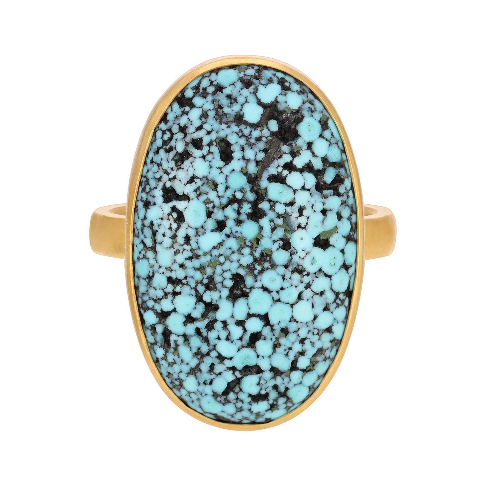 A unique Matrix Turquoise cabochon Ring is bezel set in 18k Matte Finish Yellow Gold and is a Size 7. The ring was handmade In Los Angeles by my team of master craftsmen. 