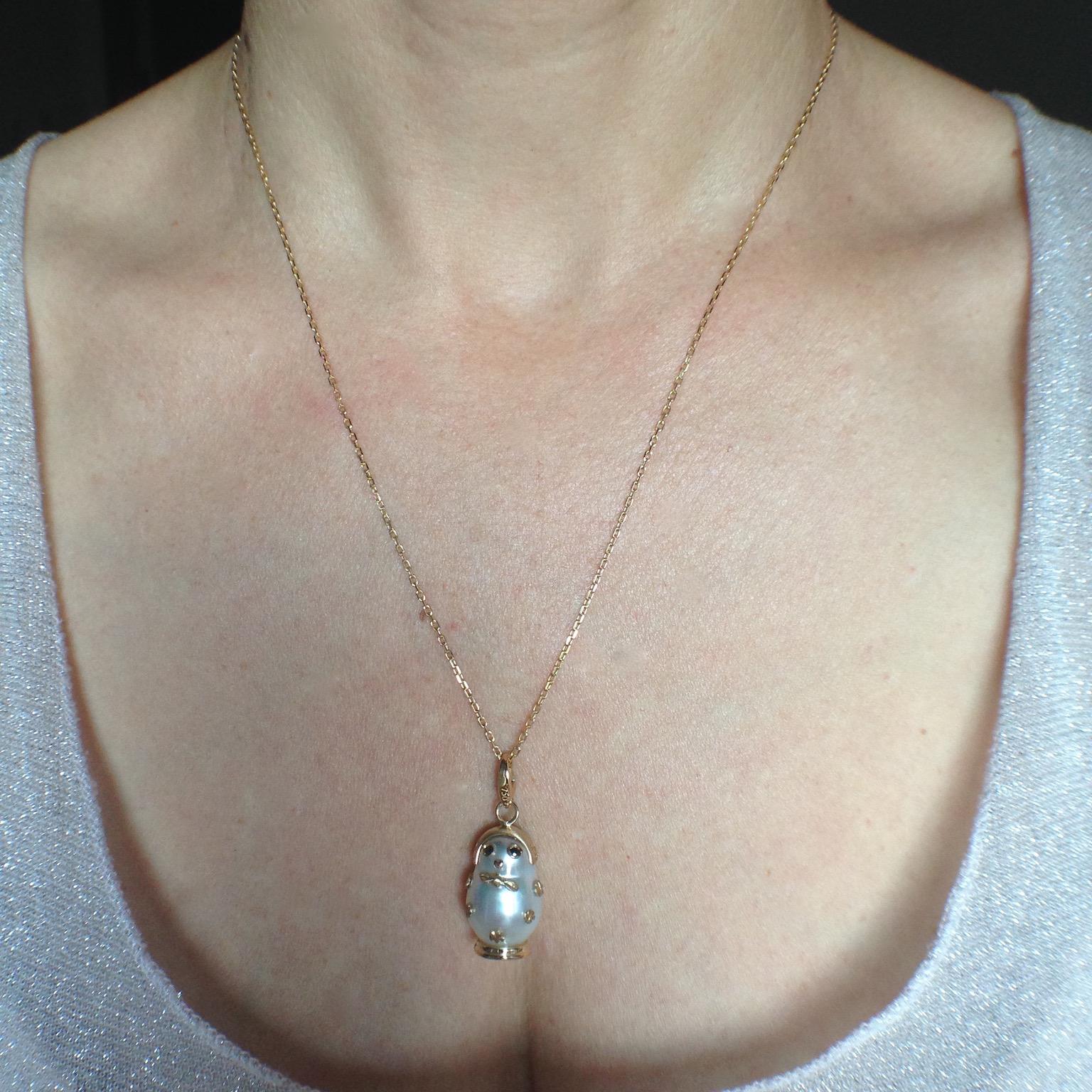 Matryoshka Black Diamond Australian Pearl 18Kt Gold Charm and Pendant/Necklace 4
