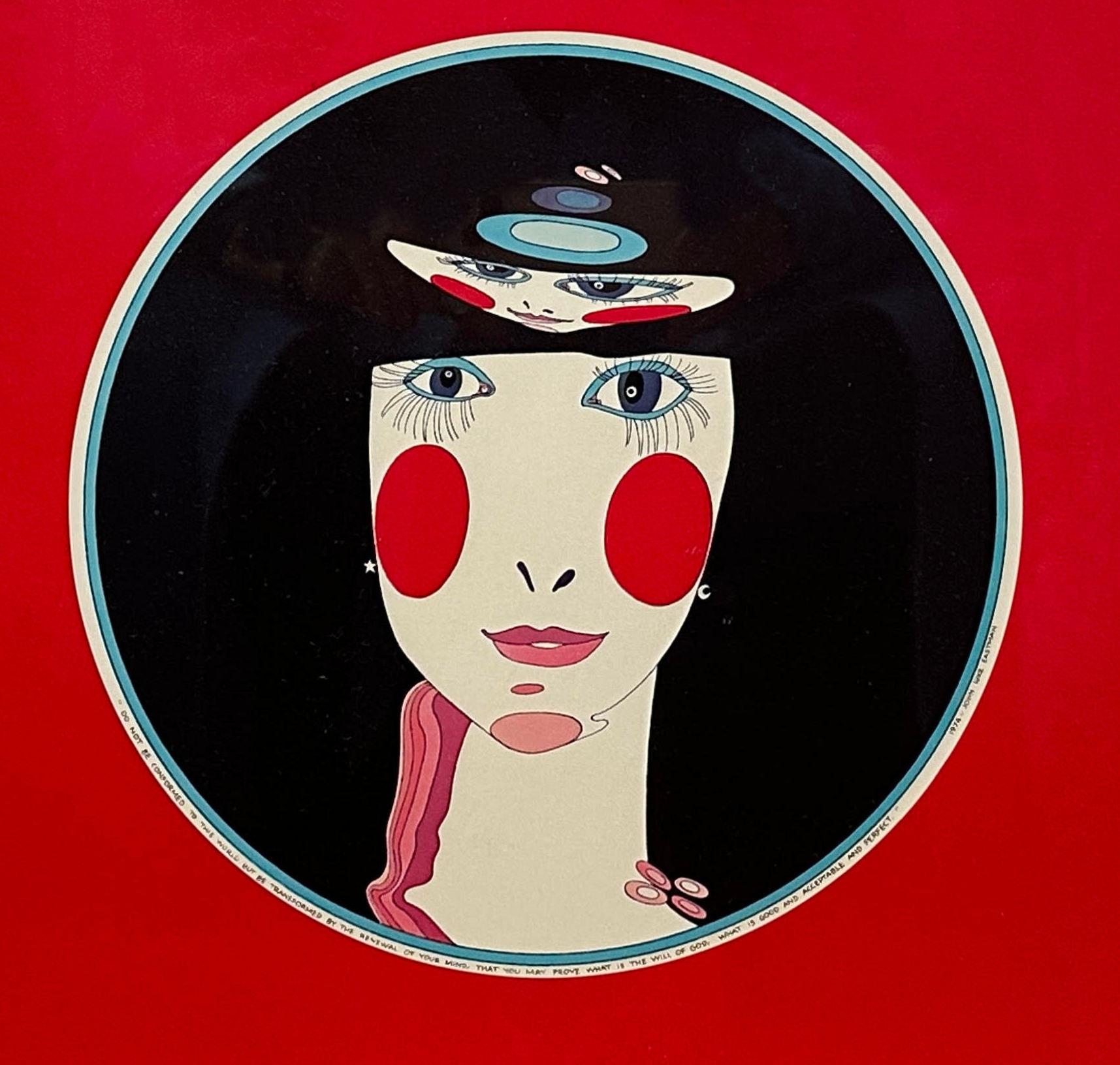 Matryoshka-Porträt auf rotem Hintergrund, Lithographie von John Luke Eastman (Moderne) im Angebot