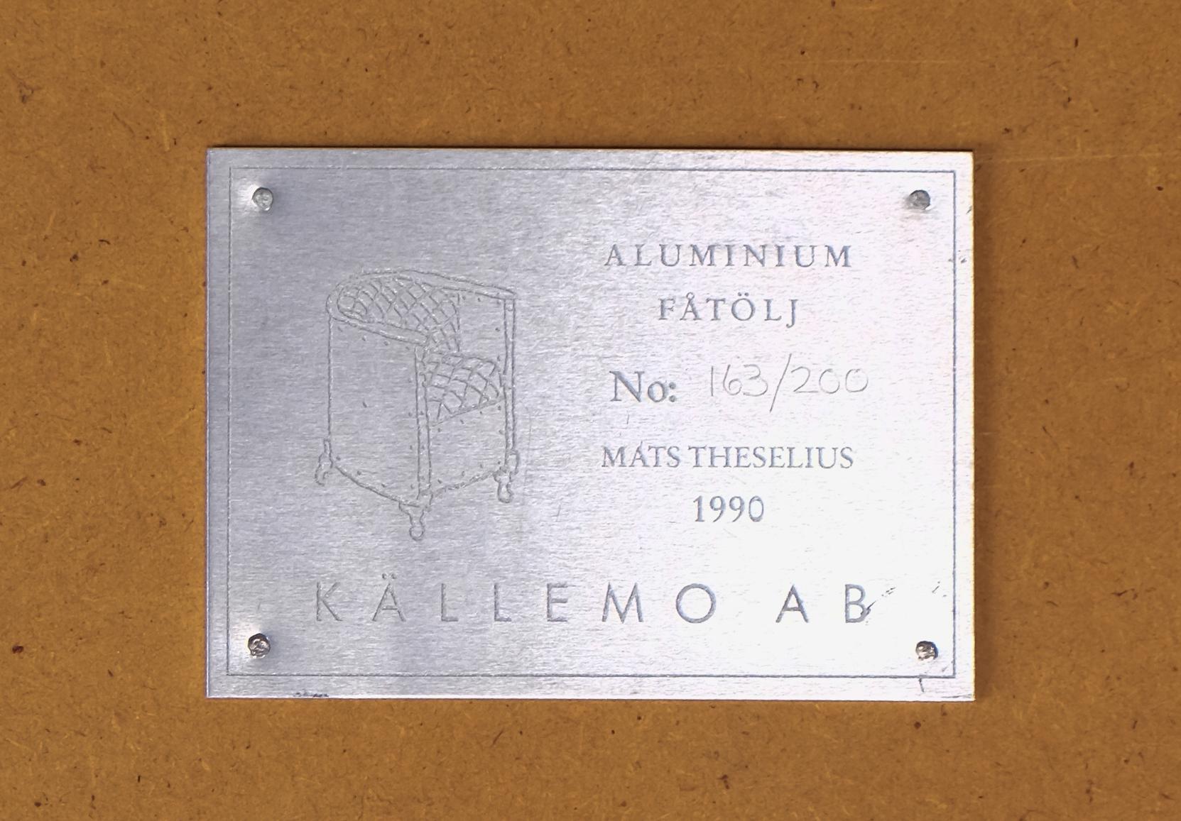 Scandinavian Modern Mats Theselius 'Aluminium Chair' Edition 163/200 by Källemo, 1990s For Sale