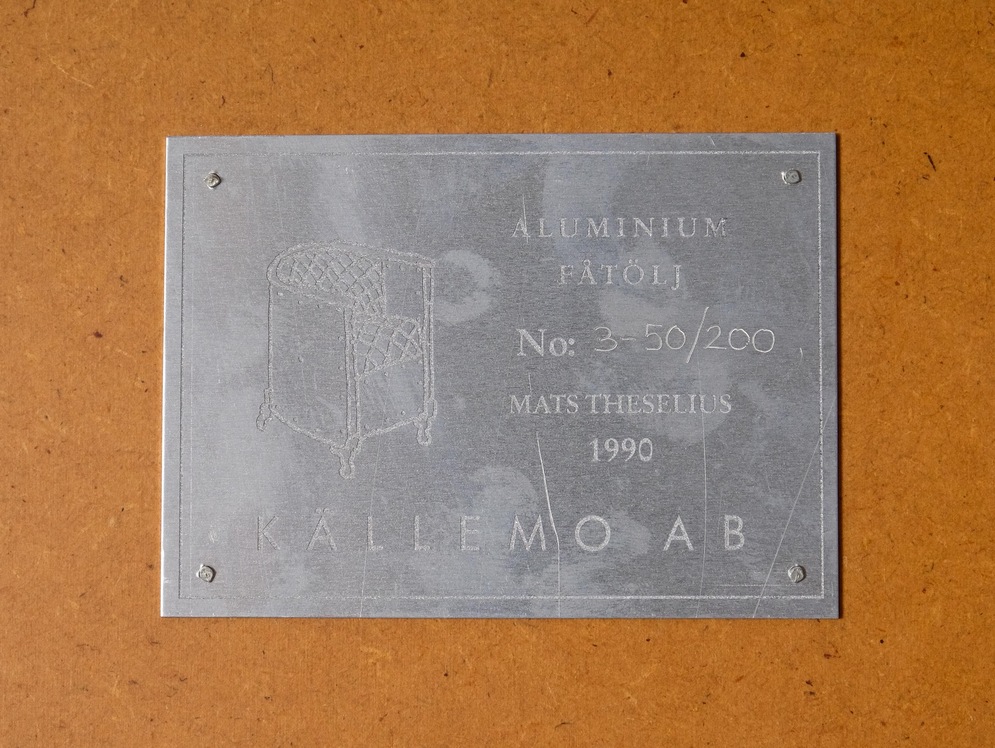 Scandinavian Modern Mats Theselius 'Aluminium Chair' Edition 3-50/200 by Källemo, 1990 For Sale