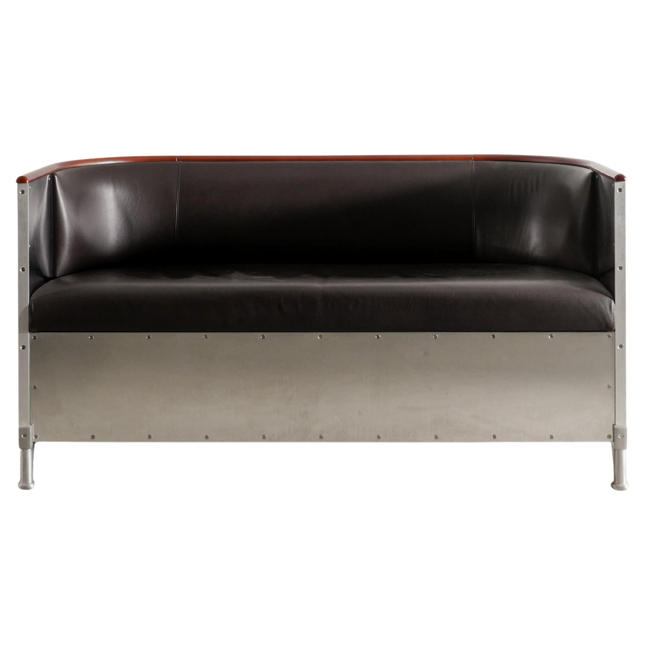 Mats Theselius Chrome Steel & Dark Leather Two Seater Sofa for Källemo, 1990s