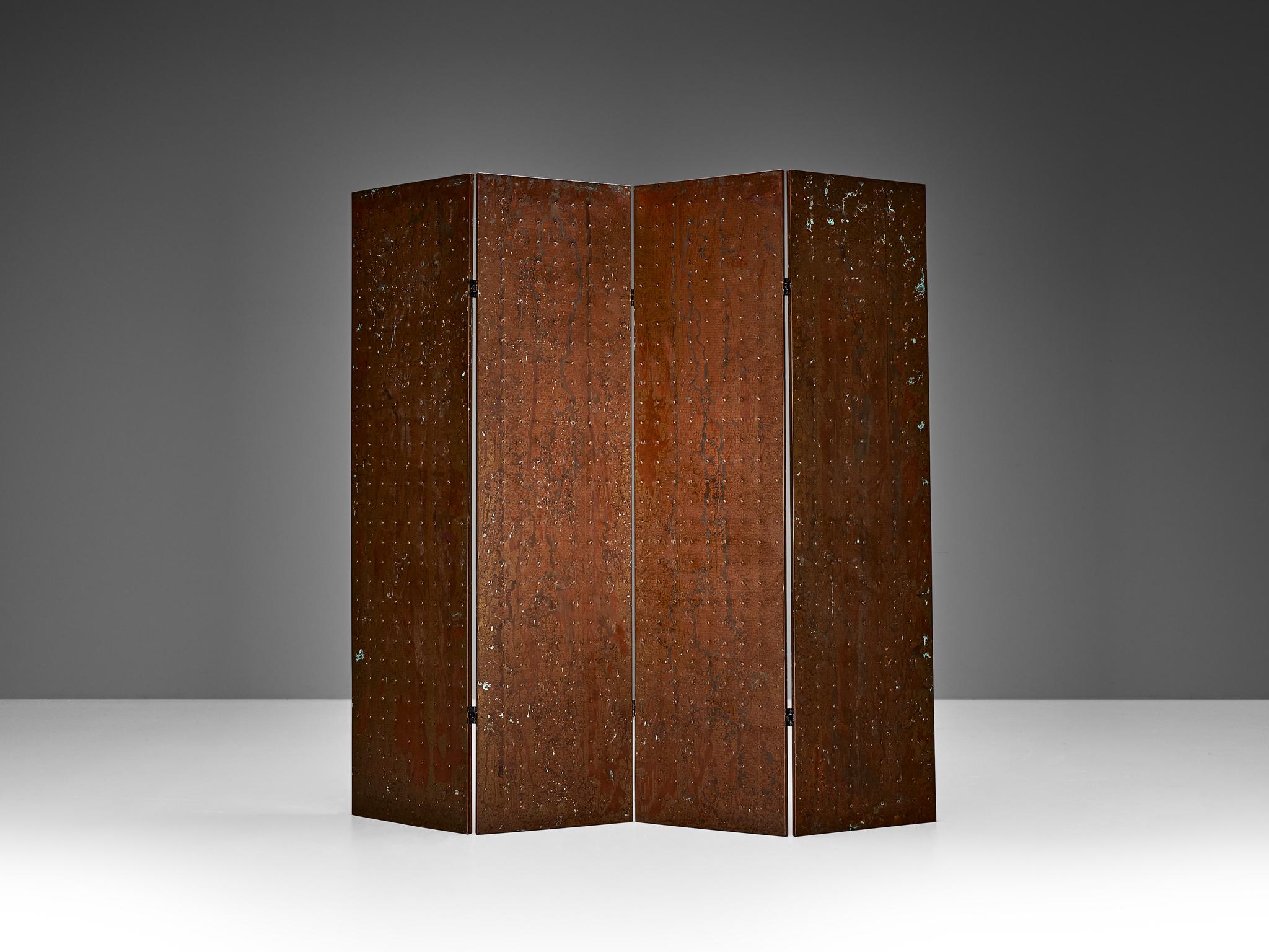 Mats Theselius for Källemo AB, limited edition 'Rörligt Objekt' folding screen or room divider, no. 88/100, patinated copper, wood, Sweden, after 1989
	
Designed by Mats Theselius for Källemo AB, this folding screen or room divider bears the name