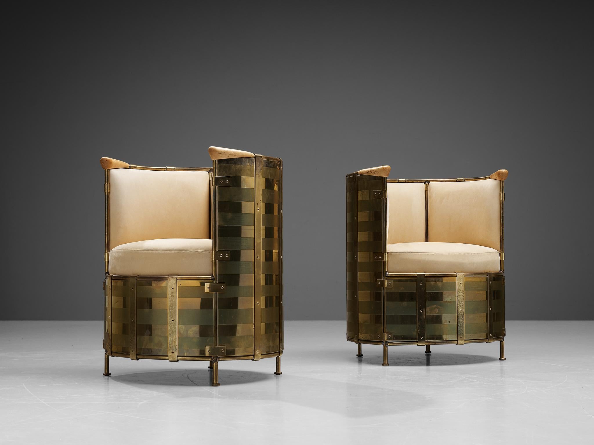 Mats Theselius for Källemo AB, easy chairs 'El Dorado no. 7 & 8 out of 360, brass, birch, leather, Sweden, 2002.

This 'El Dorado' easy chair by Mats Theselius was designed in 2002 for the 11th anniversary of the earlier edition called the 'Elk