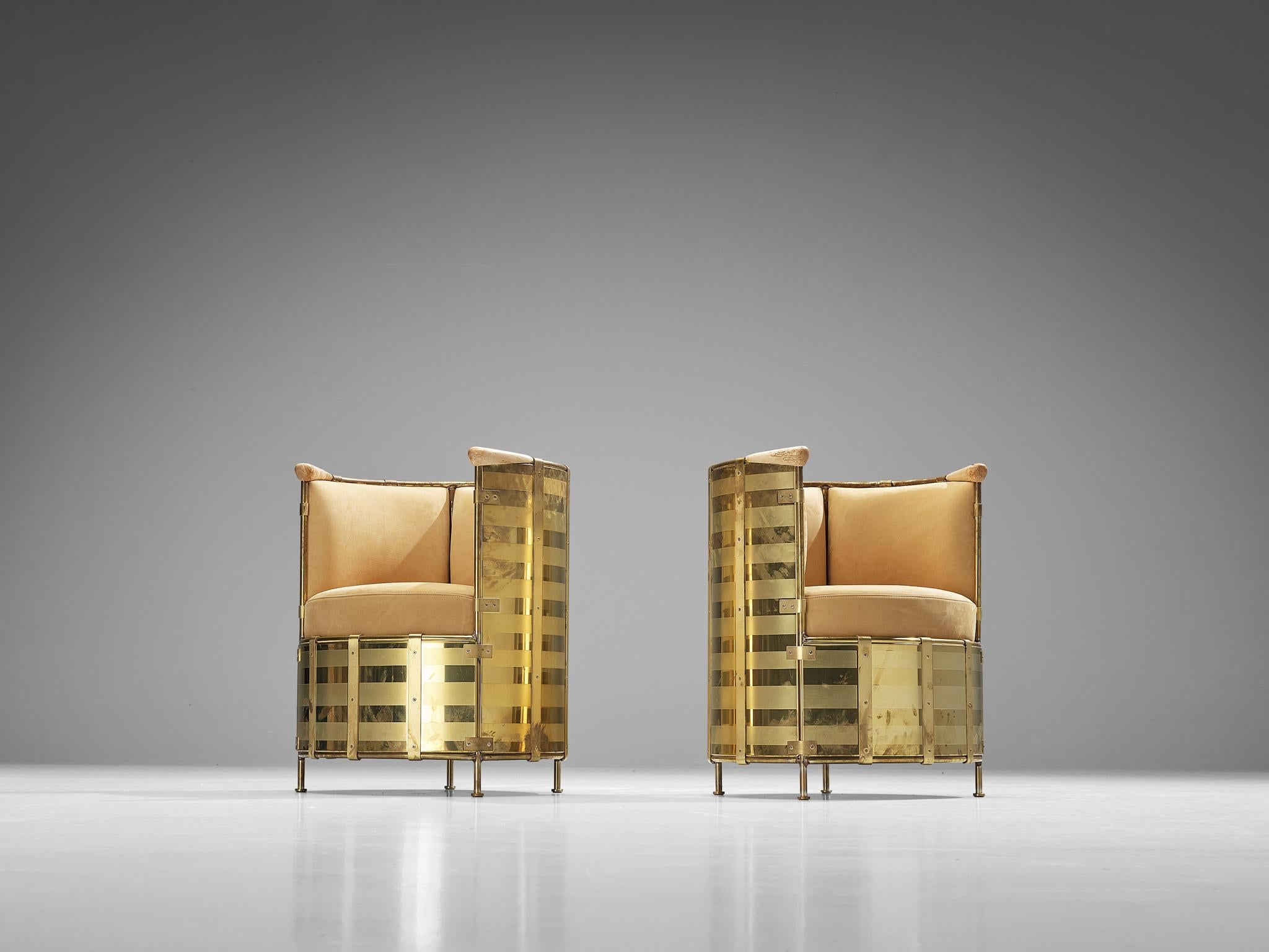 Mats Theselius for Källemo AB, pair of lounge chairs 'El Dorado’, limited edition, brass, nubuck leather, maple, Sweden, 2002

These distinct 'El Dorado’ lounge chairs by Mats Theselius were designed in 2002 for the 11th anniversary of the earlier
