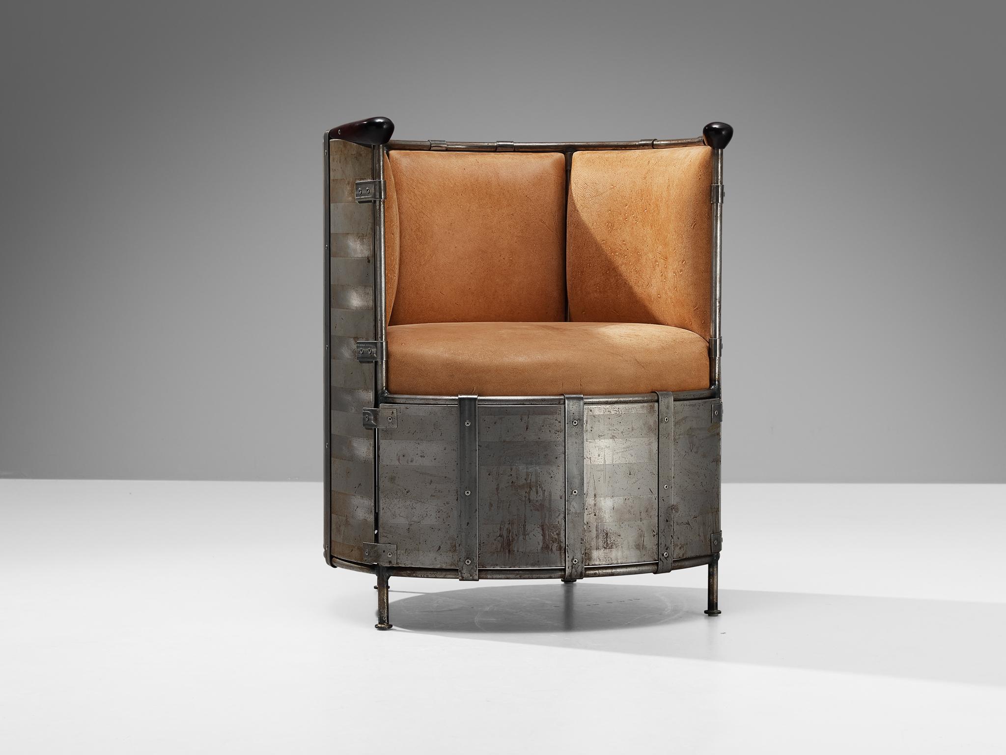 Mats Theselius for Källemo AB, lounge chair ‘Älgskinnsfåtölj’, patinated metal, stained birch, leather, Sweden, 1991. 

This distinct 'Älgskinnsfåtölj' lounge chair of Mats Theselius was designed in 1991. Theselius his main sources of inspiration