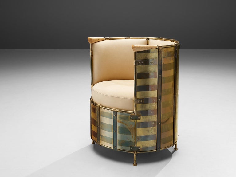 Mats Theselius for Källemo AB, 'El Dorado' lounge chair (Älgskinnsfåtöljen), etched brass, Masurian birch, moose skin nubuck leather, Sweden, designed 1991, manufactured as part of the jubilee series of 2002.

This distinct 'Älgskinnsfåtöljen'