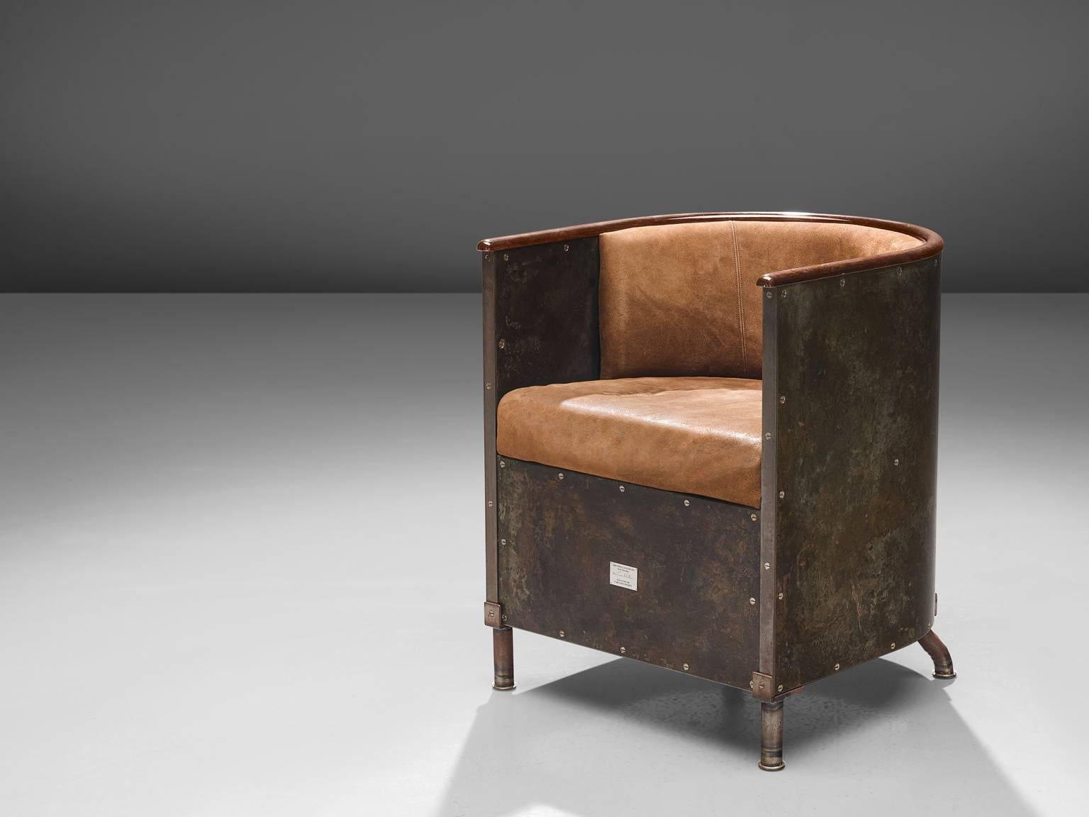 Mats Theselius for Källemo, Järn/Mocca chair edition HC 4/18, cognac suede steel, Denmark, 1994.

This rare chair is named the Jarn/Mocca chair, which translates into iron / mocca, referring to the material and colours in this design. The chairs