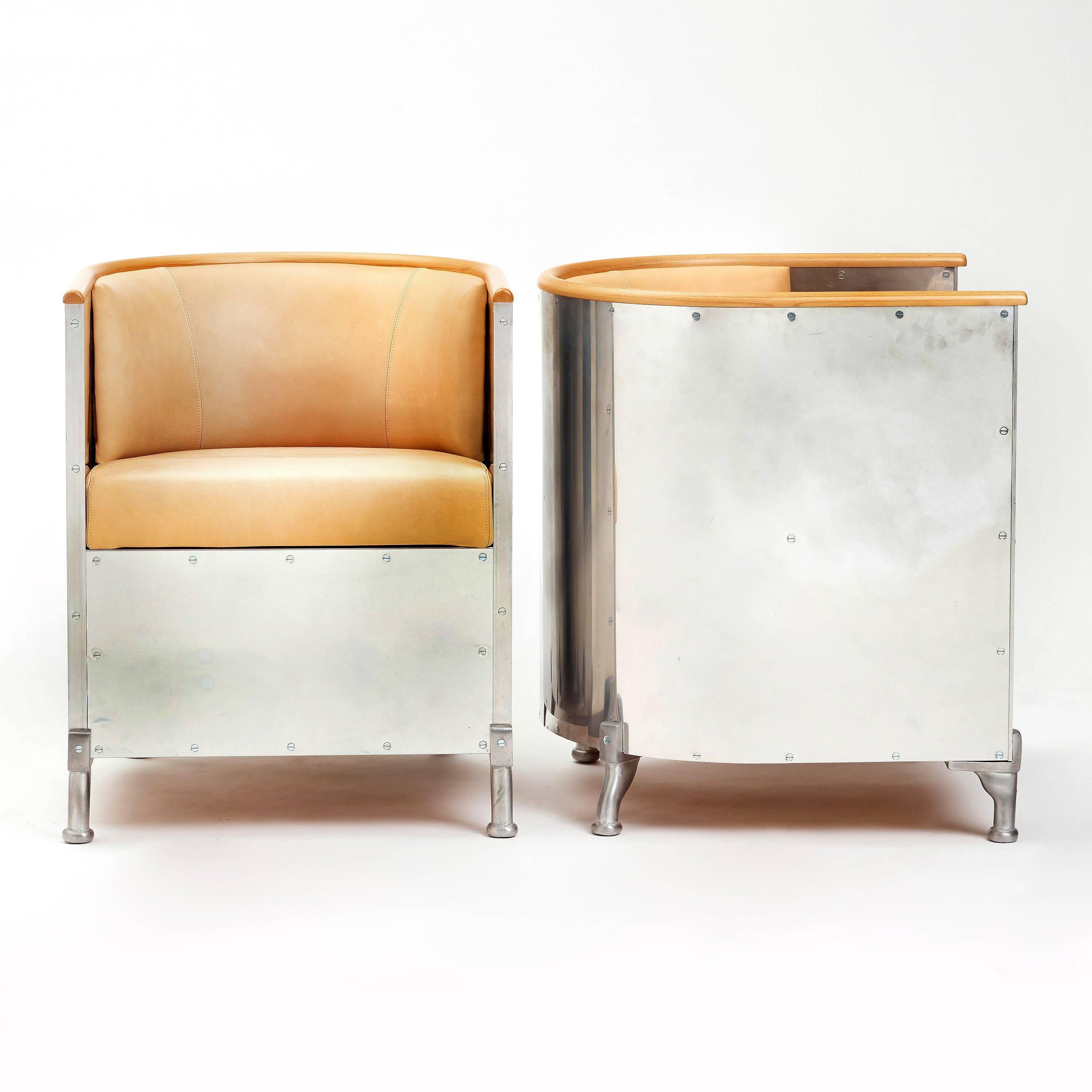 Mats Theselius pair of 'Aluminium Chair', by Swedish Källemo manufactured in 1990s. Frame of aluminium and beech, elk leather upholstery.