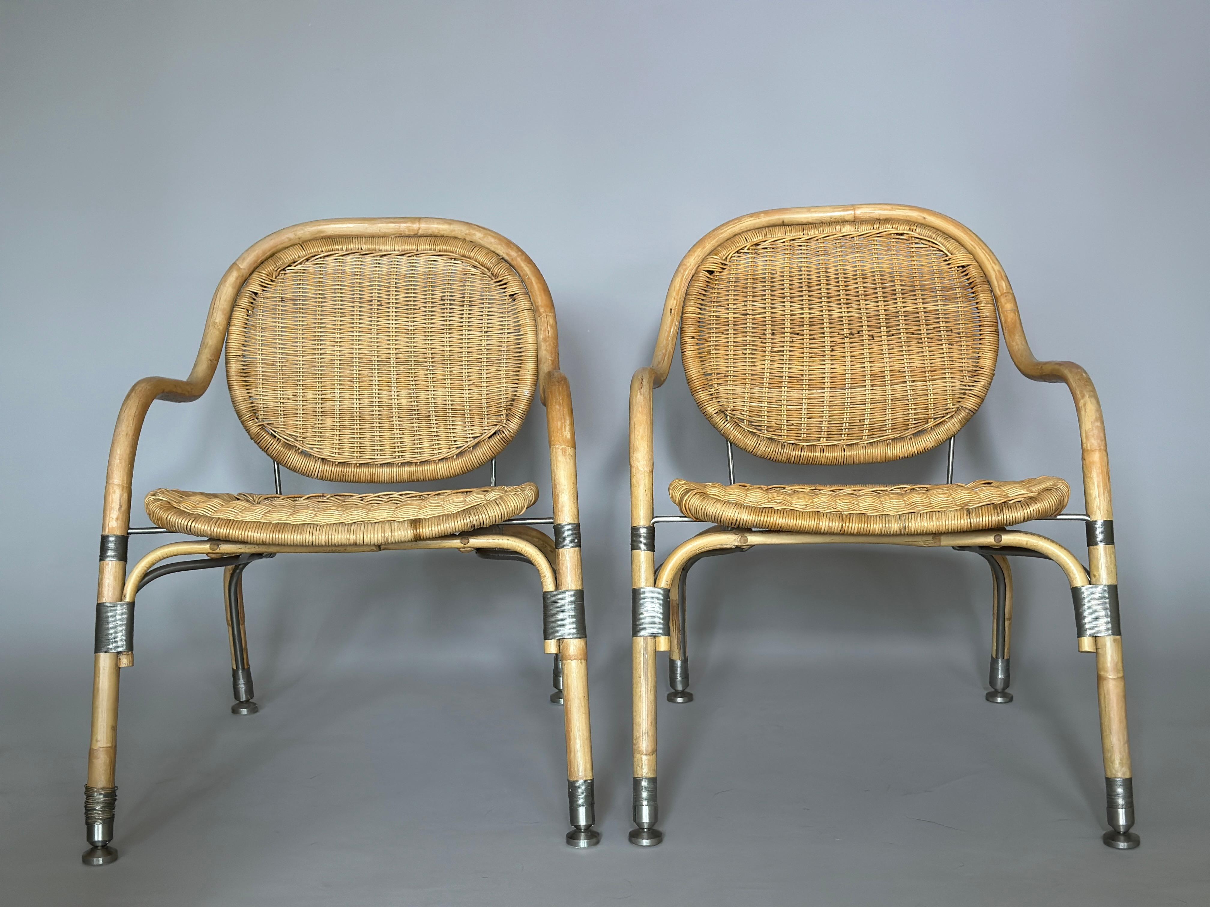 Pair of two Mats Theselius rattan and brushed steel armchair for IKEA PS, ultimated edition and produced in the early 2000s.This model od armchair designed by Mats Theselius was a real challange of realization and production for IKEA,its for this