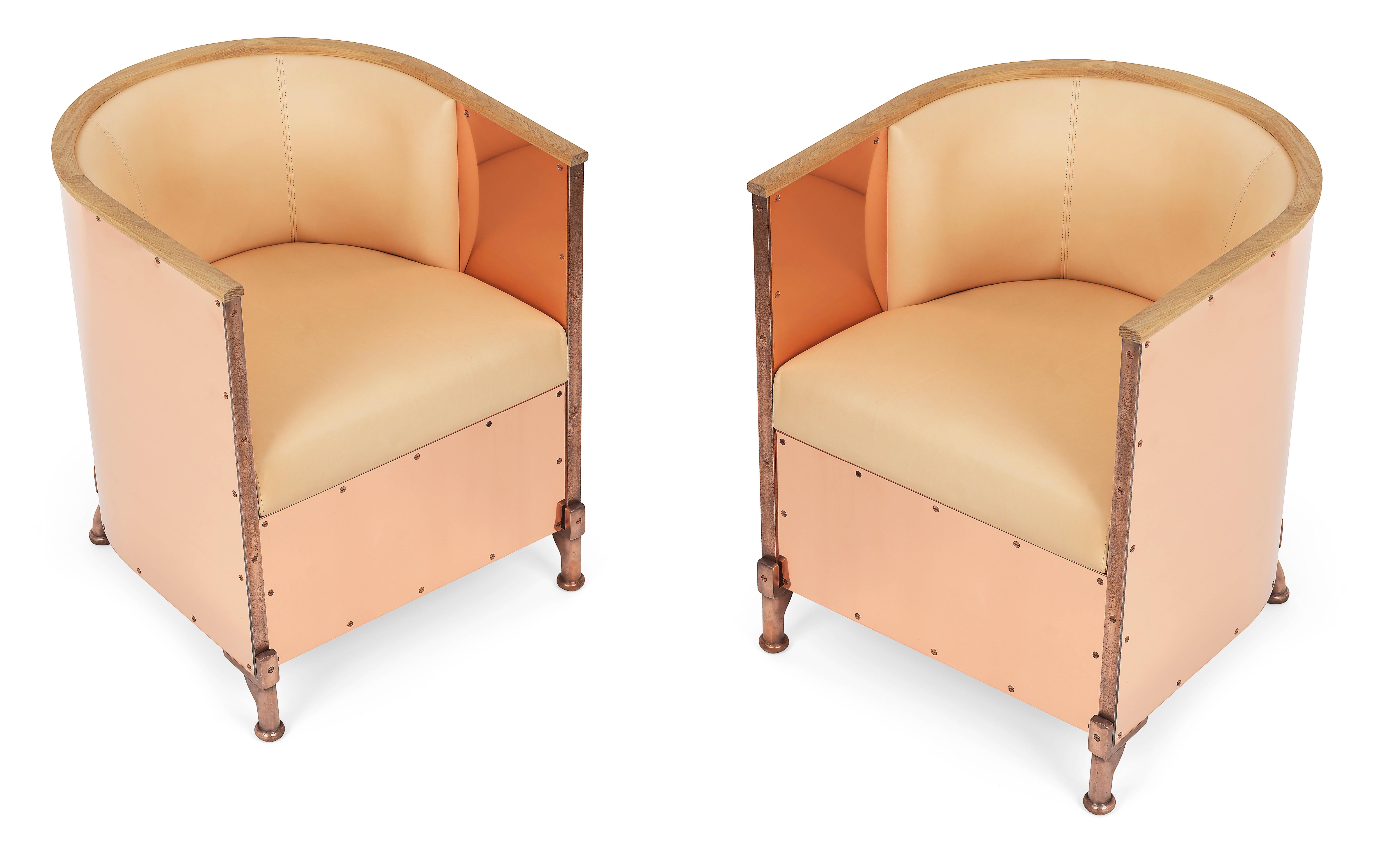 Mats Theselius Rose Coppered plate armchair, by Swedish Källemo manufactured. Frame of copper pate and beech, elk leather upholstery, coppered legs.