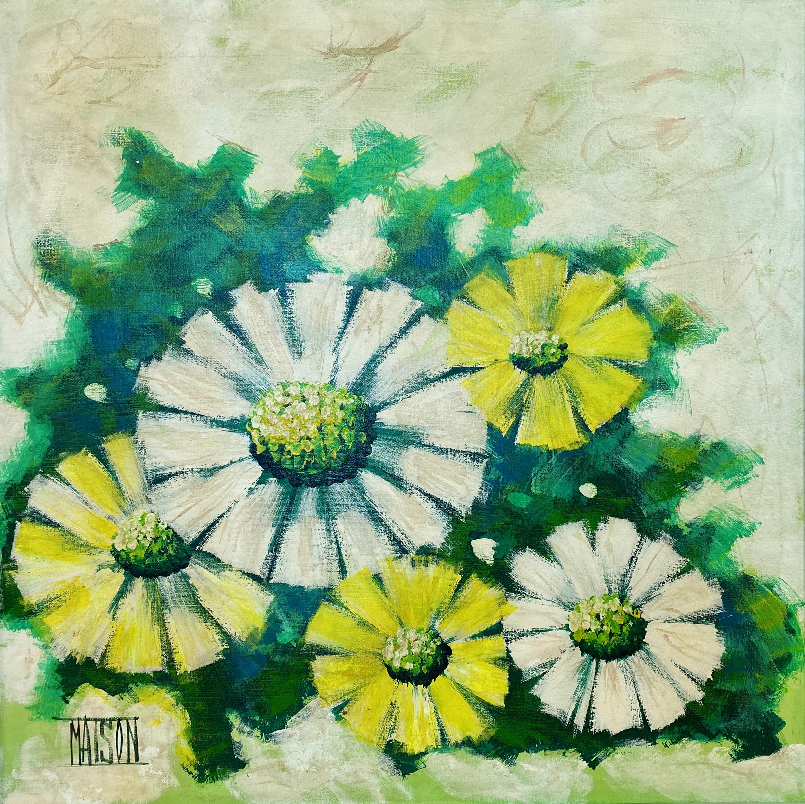 A large 1960s expressionist acrylic painting on canvas of daisies in original frame, signed 
