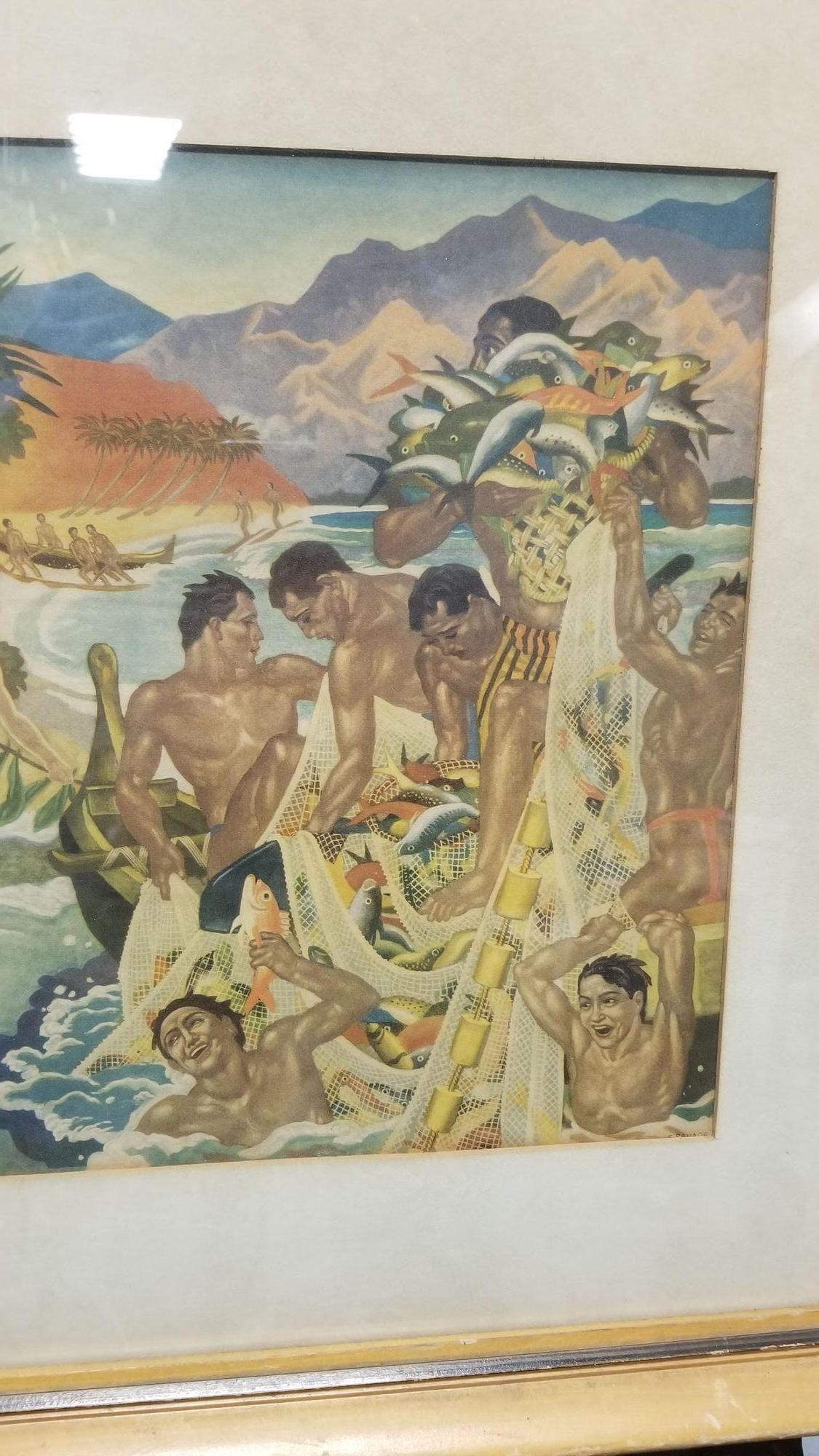 Lithographie « Festival of the Sea » de Matson Lines Hawaii encadrée par Eugene Savage Excellent état à Van Nuys, CA