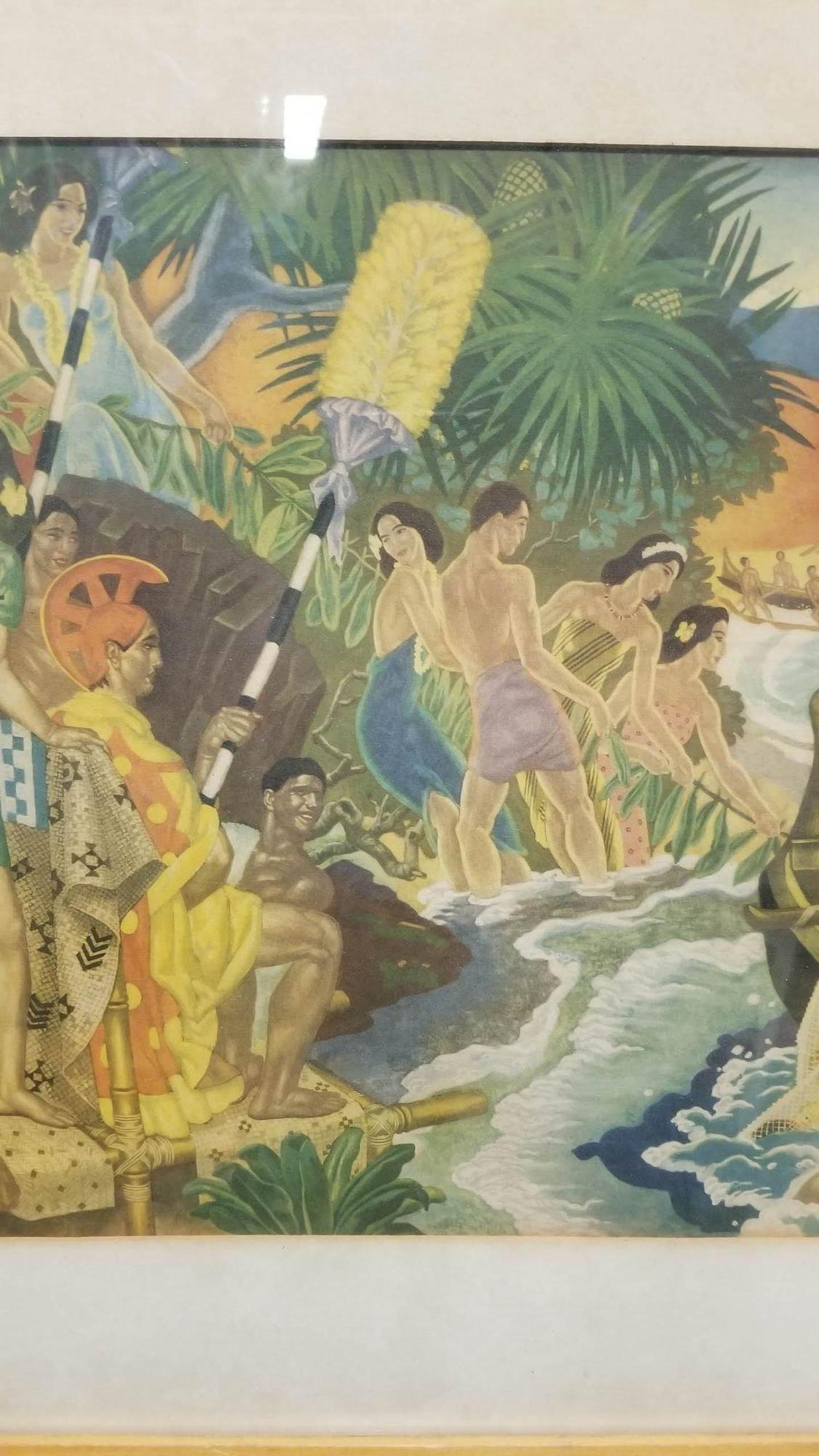 Milieu du XXe siècle Lithographie « Festival of the Sea » de Matson Lines Hawaii encadrée par Eugene Savage