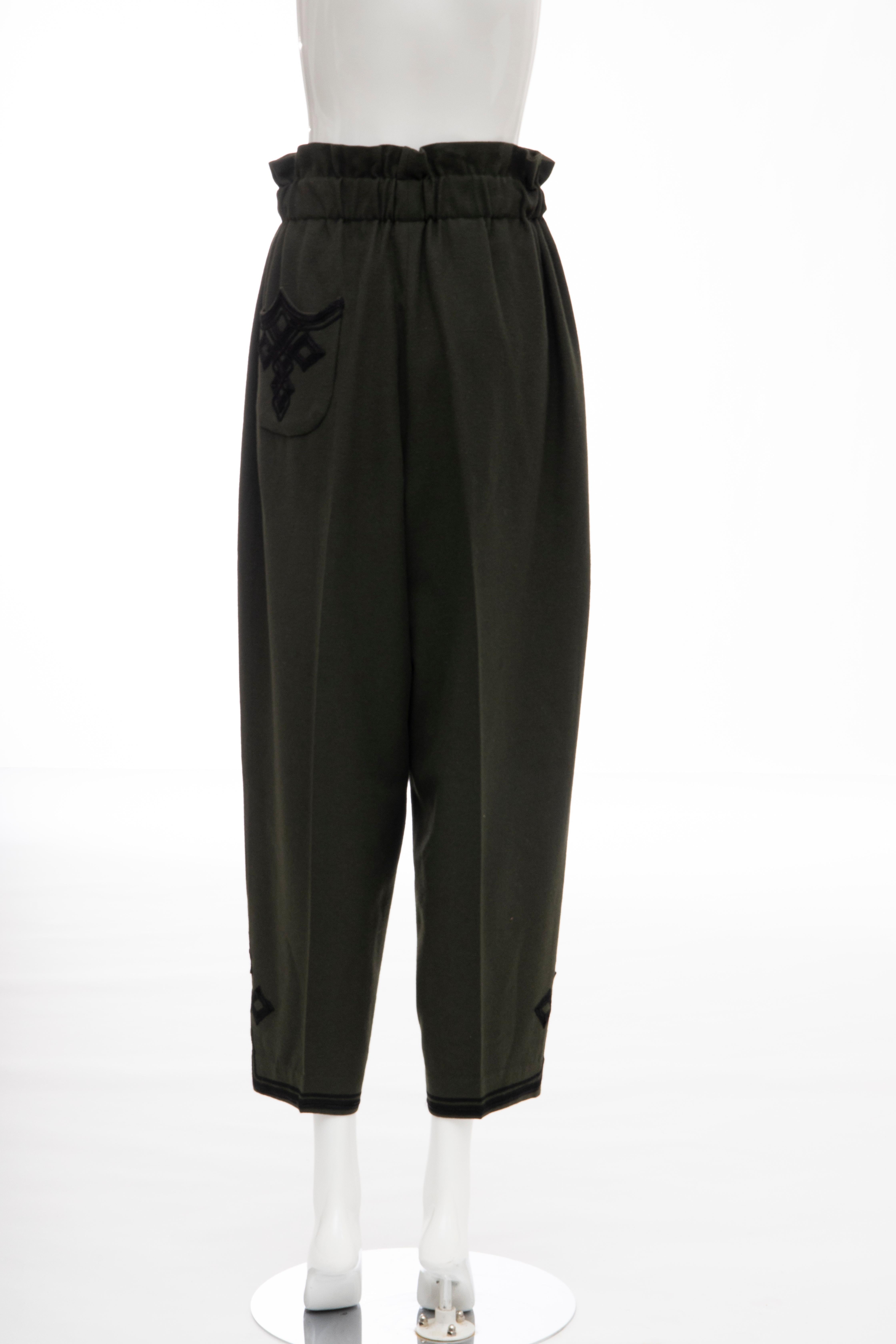 Women's Matsuda Nicole Tokyo Japan Olive Green Wool Embroidered Pants, Circa: 1990's For Sale