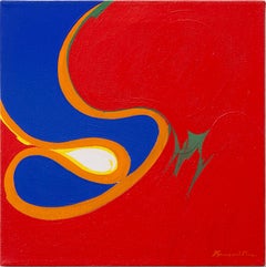 Hidalgo #3, abstract acrylic painting with red, blue and orange geometric design