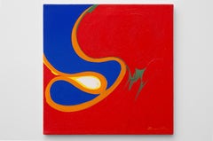 Hidalgo #3, abstract acrylic painting with red, blue and orange geometric design