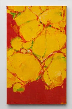 Untitled (Yellow), original acrylic painting with red, yellow and green pattern