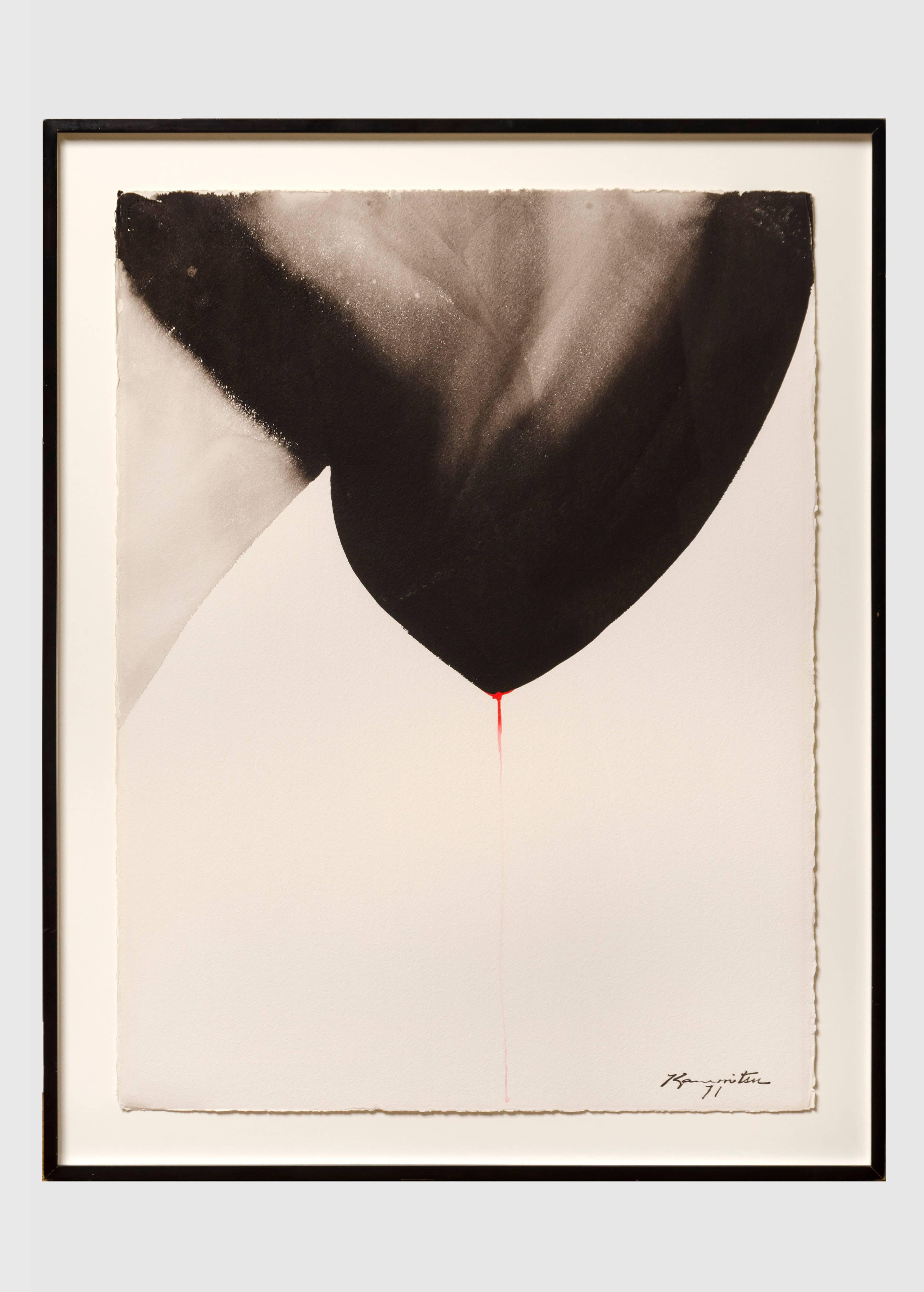 Matsumi Kanemitsu Abstract Drawing - #17 Drip, abstract sumi and watercolor on paper with black shape and red drip