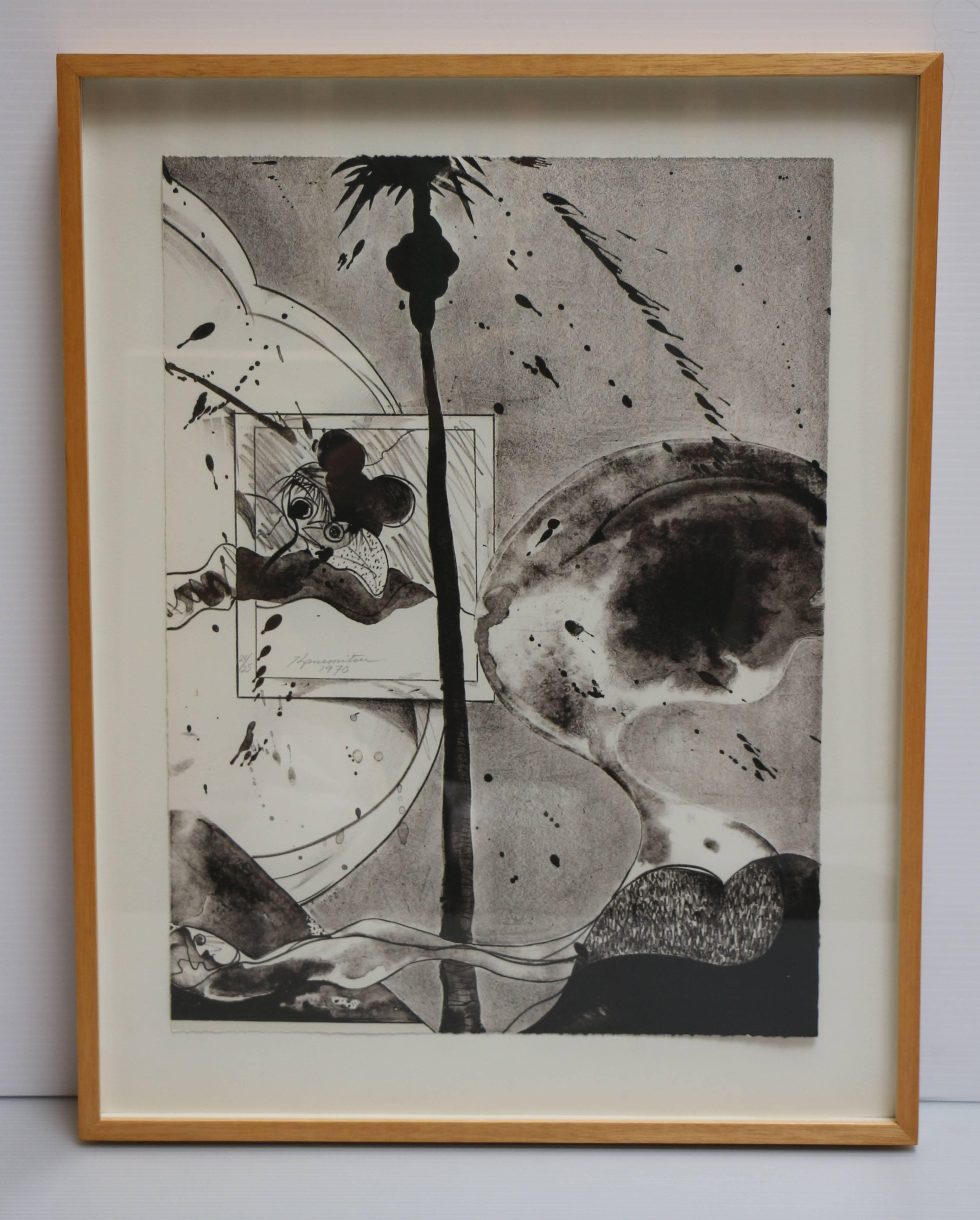 Hollywood Hills Ghost, lithograph of scene in Hollywood Hills, palm tree, ghost - Print by Matsumi Kanemitsu