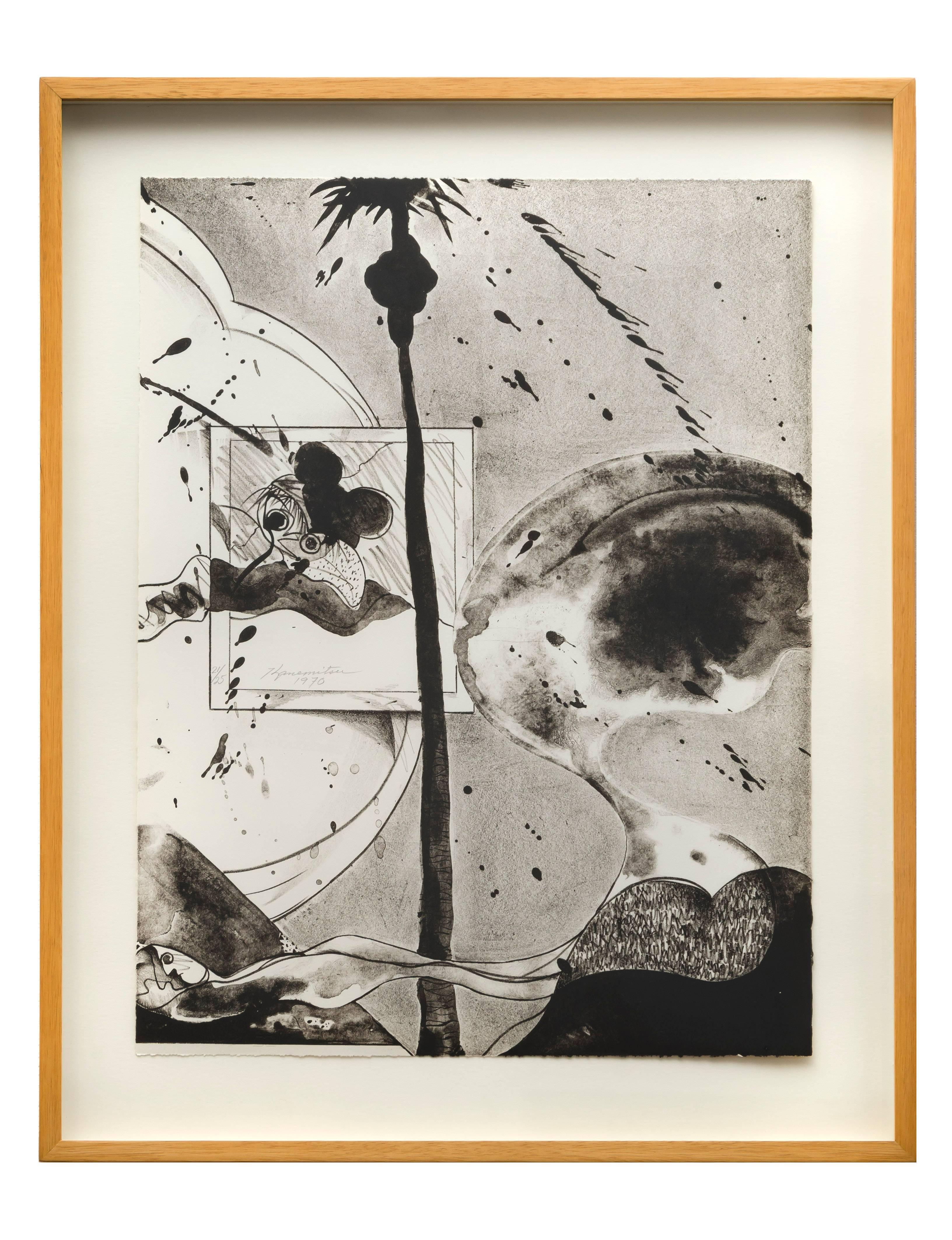 Matsumi Kanemitsu Abstract Print - Hollywood Hills Ghost, lithograph of scene in Hollywood Hills, palm tree, ghost