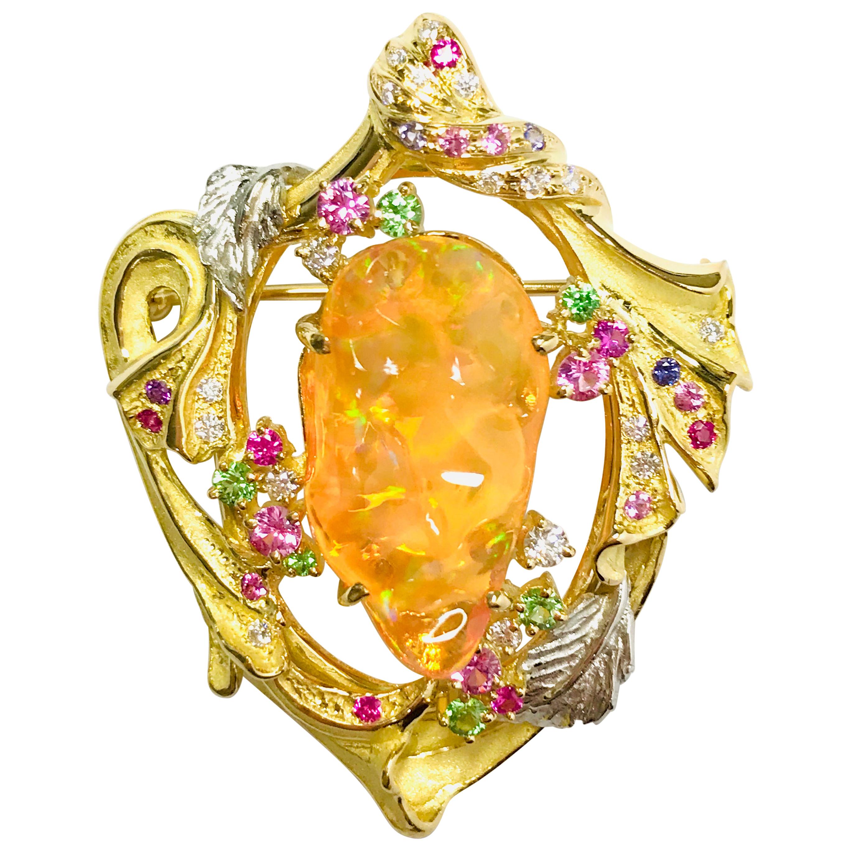 Matsuzaki 18 Karat Gold Drapery Foliage Fire Opal Sapphire Garnet Brooch Pendant For Sale