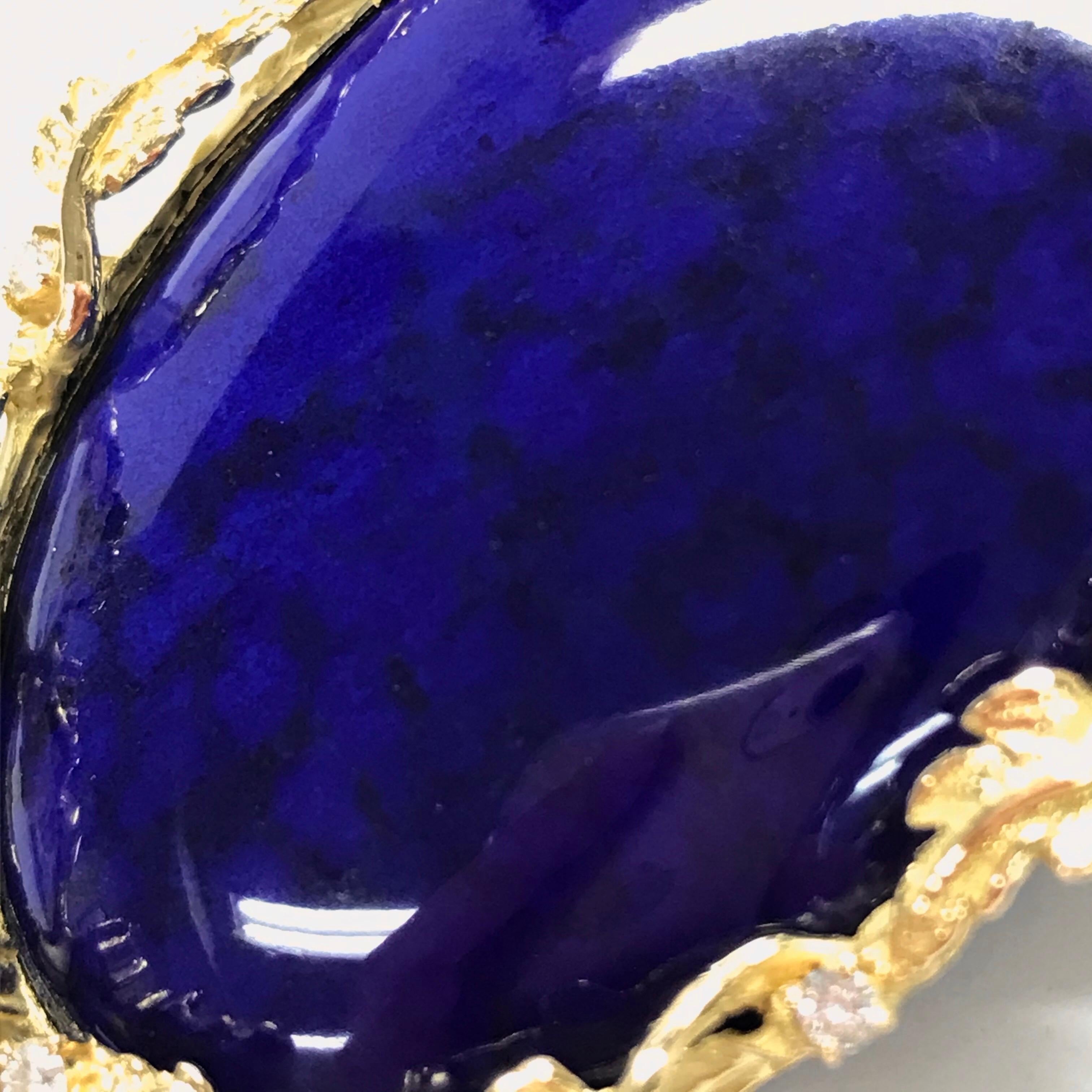 Matsuzaki 18 Karat Gold Foliage Deep Blue Lapis Lazuli Diamond Brooch Pendant For Sale 4