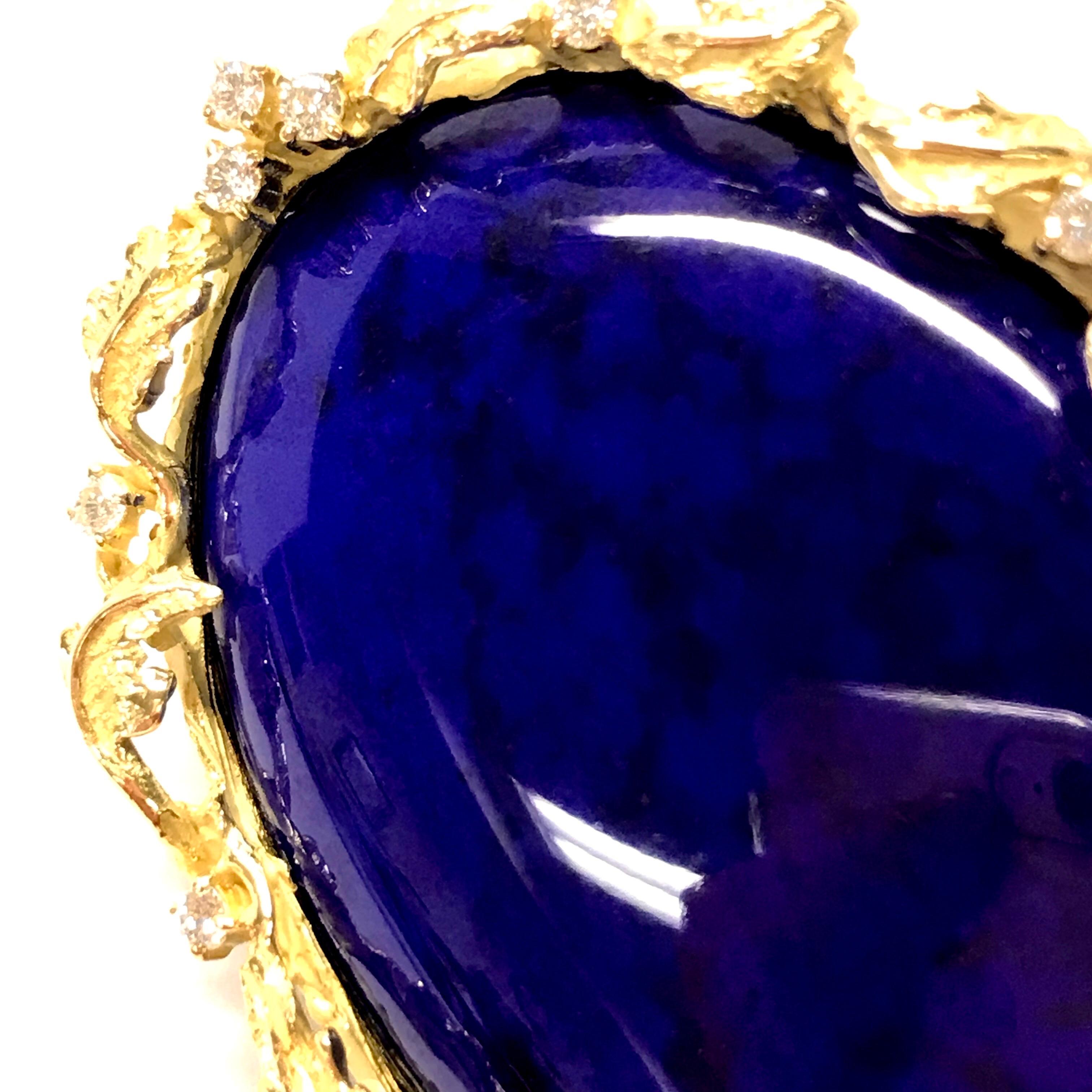 Matsuzaki 18 Karat Gold Foliage Deep Blue Lapis Lazuli Diamond Brooch Pendant For Sale 5