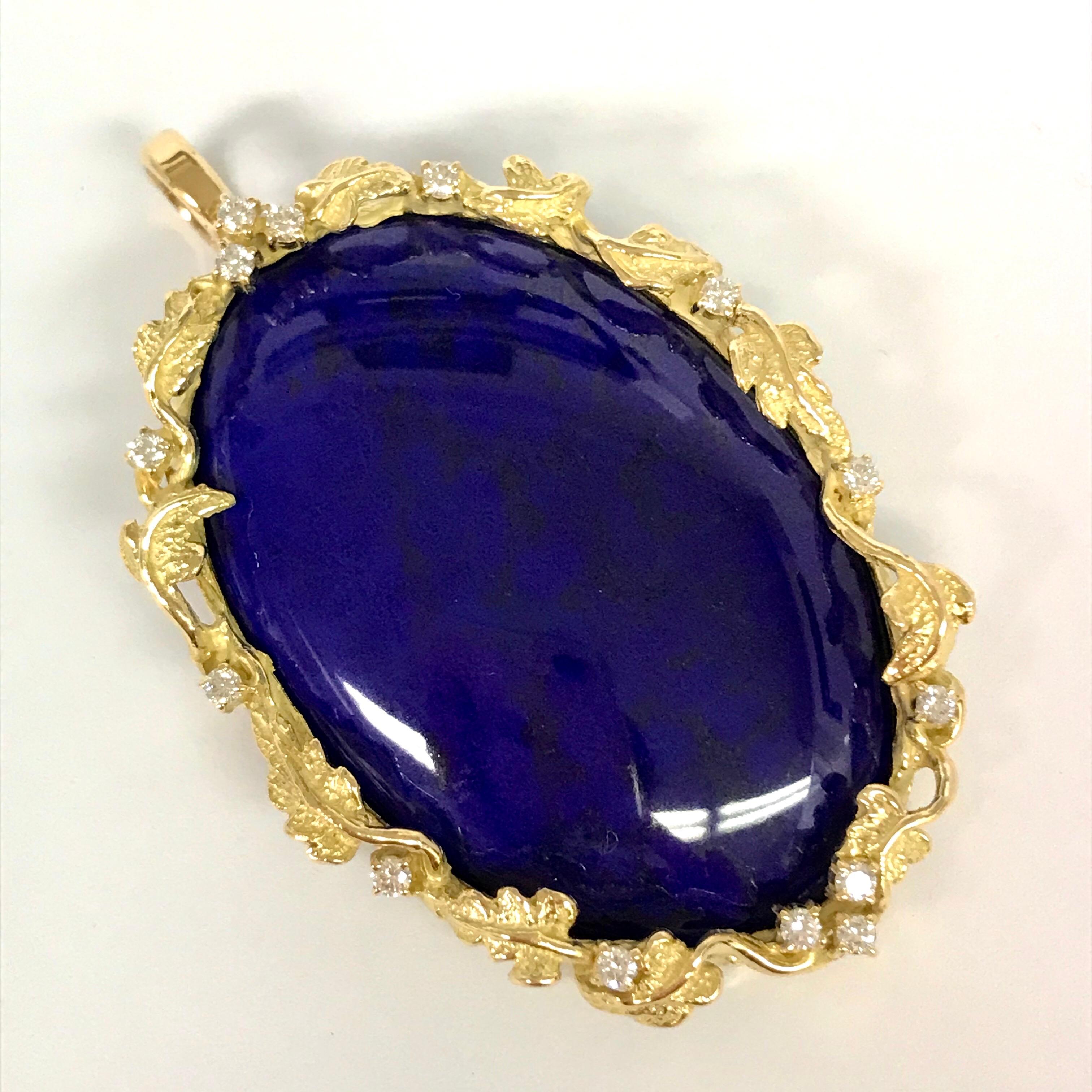 Matsuzaki 18 Karat Gold Foliage Deep Blue Lapis Lazuli Diamond Brooch Pendant For Sale 6