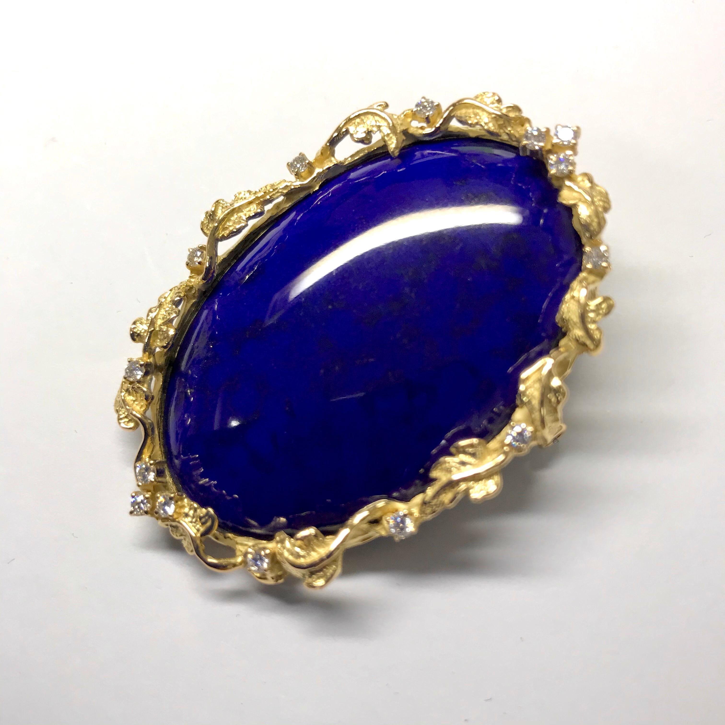 Matsuzaki 18 Karat Gold Foliage Deep Blue Lapis Lazuli Diamond Brooch Pendant For Sale 7