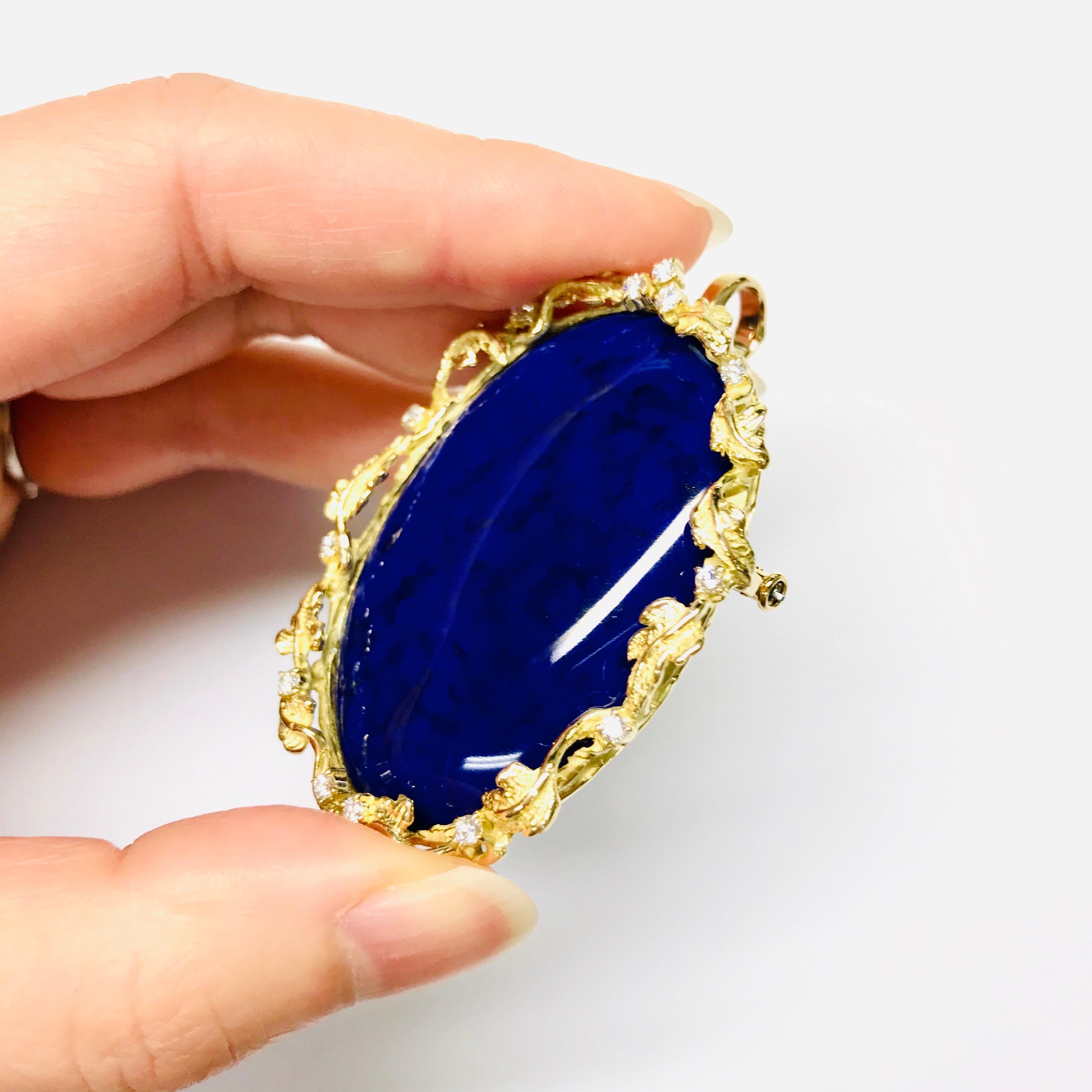 Artist Matsuzaki 18 Karat Gold Foliage Deep Blue Lapis Lazuli Diamond Brooch Pendant For Sale