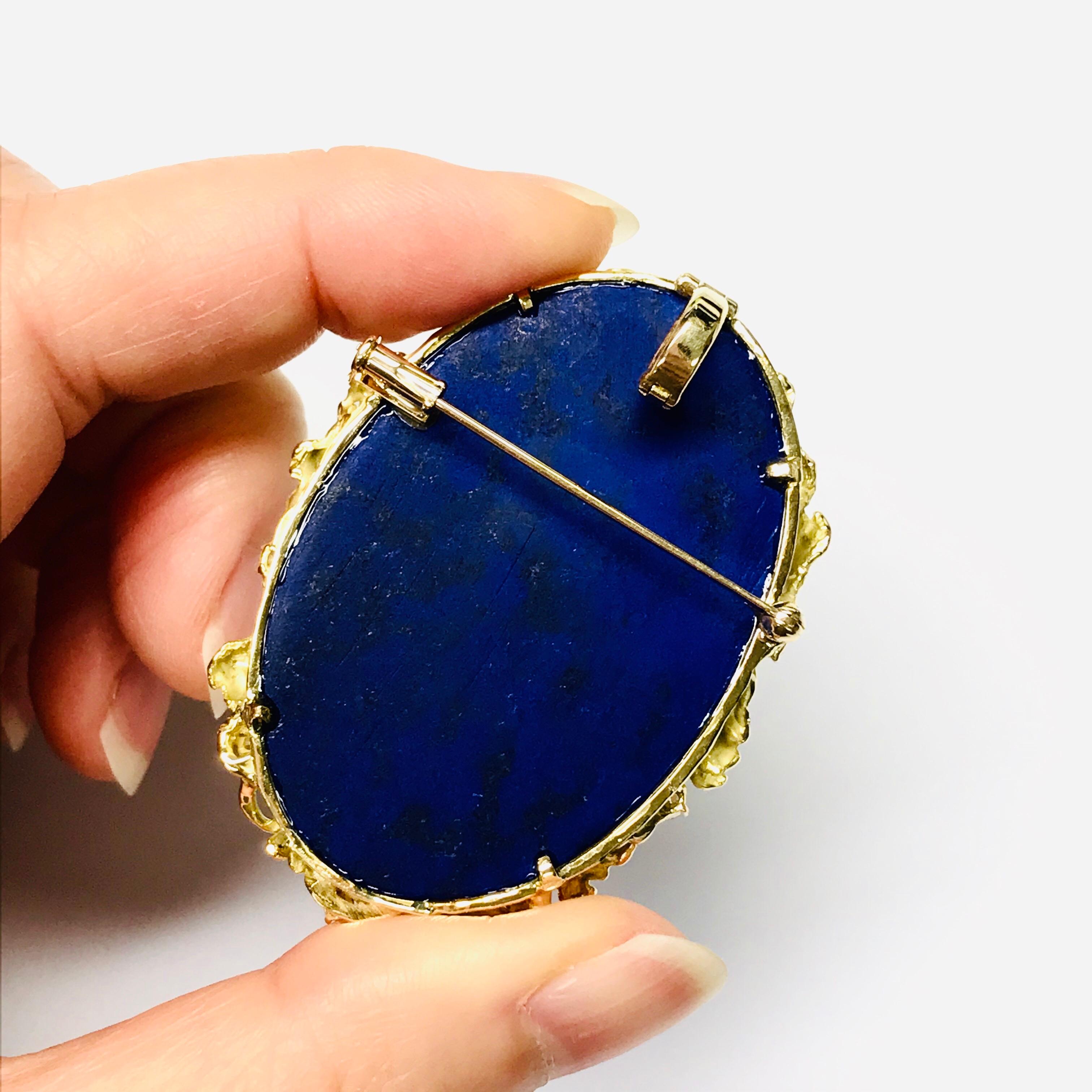 Oval Cut Matsuzaki 18 Karat Gold Foliage Deep Blue Lapis Lazuli Diamond Brooch Pendant For Sale