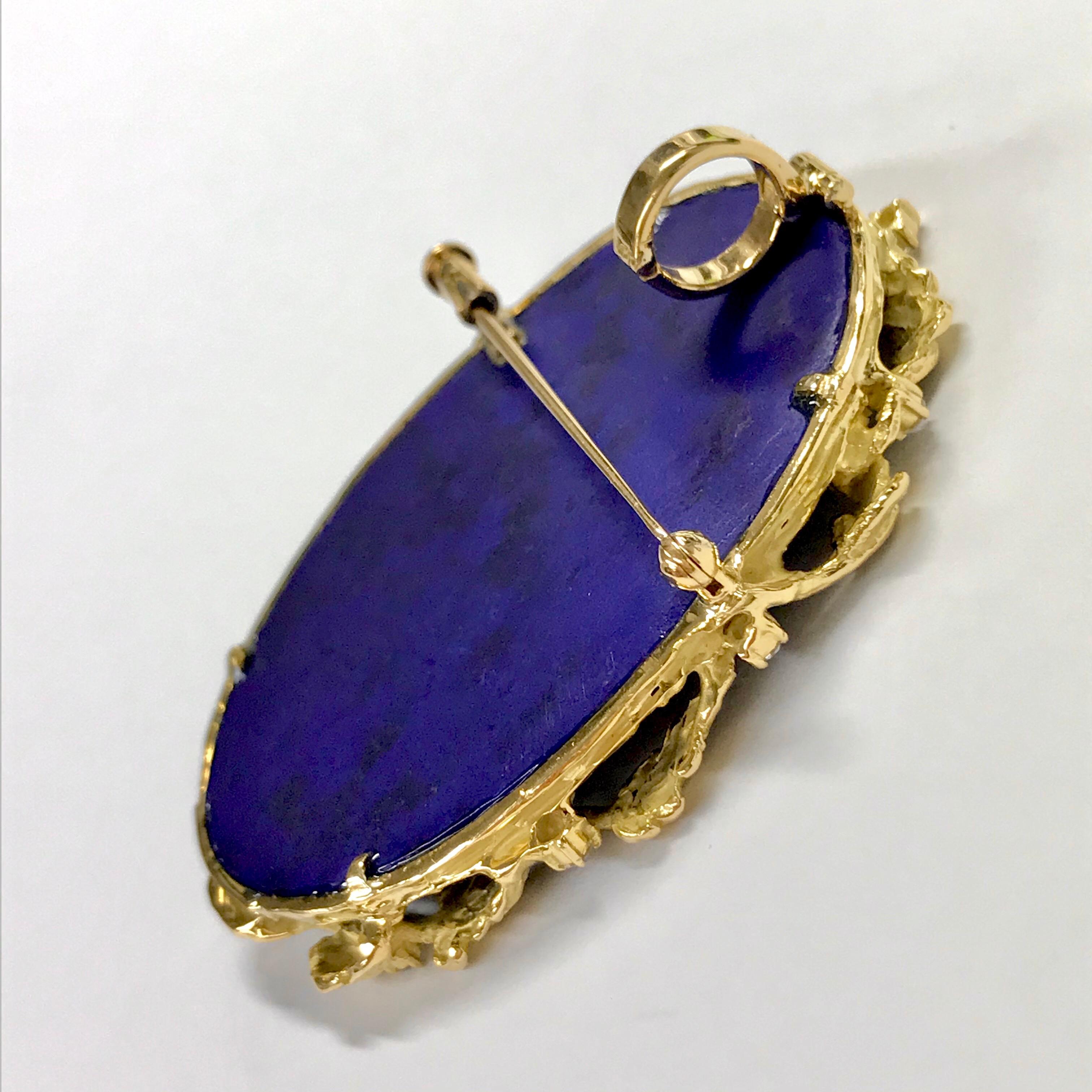 Women's Matsuzaki 18 Karat Gold Foliage Deep Blue Lapis Lazuli Diamond Brooch Pendant For Sale