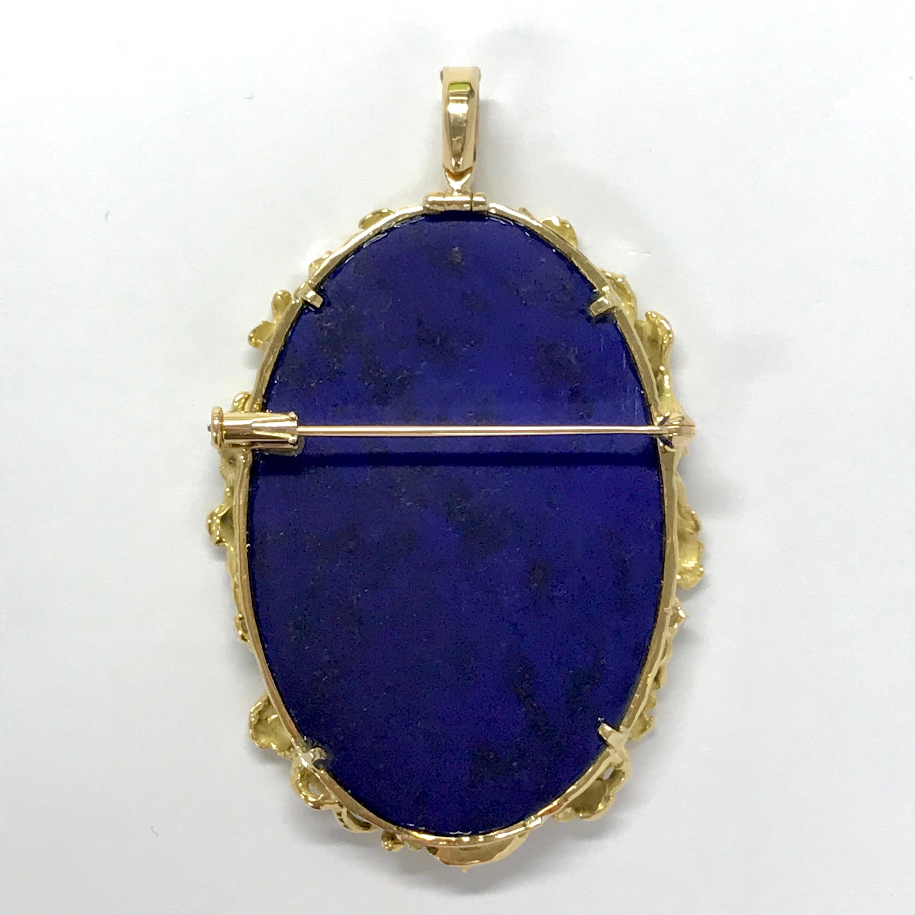 Matsuzaki 18 Karat Gold Foliage Deep Blue Lapis Lazuli Diamond Brooch Pendant For Sale 2
