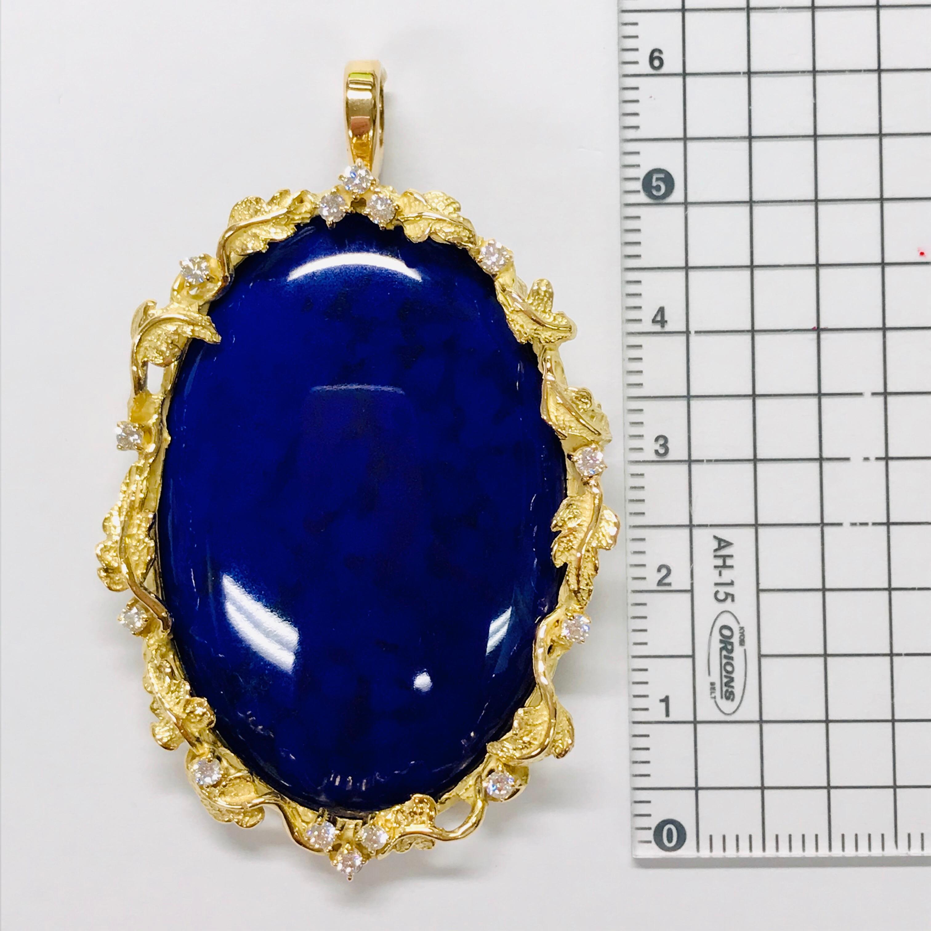 Matsuzaki 18 Karat Gold Foliage Deep Blue Lapis Lazuli Diamond Brooch Pendant For Sale 3