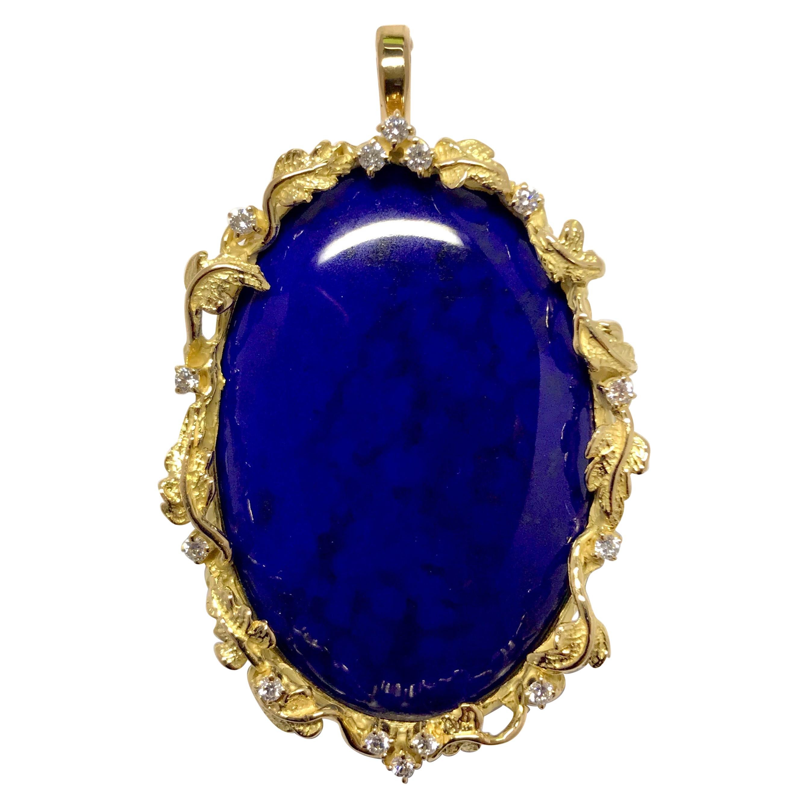 Matsuzaki 18 Karat Gold Foliage Deep Blue Lapis Lazuli Diamond Brooch Pendant For Sale