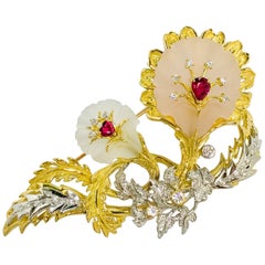 Matsuzaki 18 Karat Gold Platinum Frosted Quartz Ruby Diamond Flower Brooch