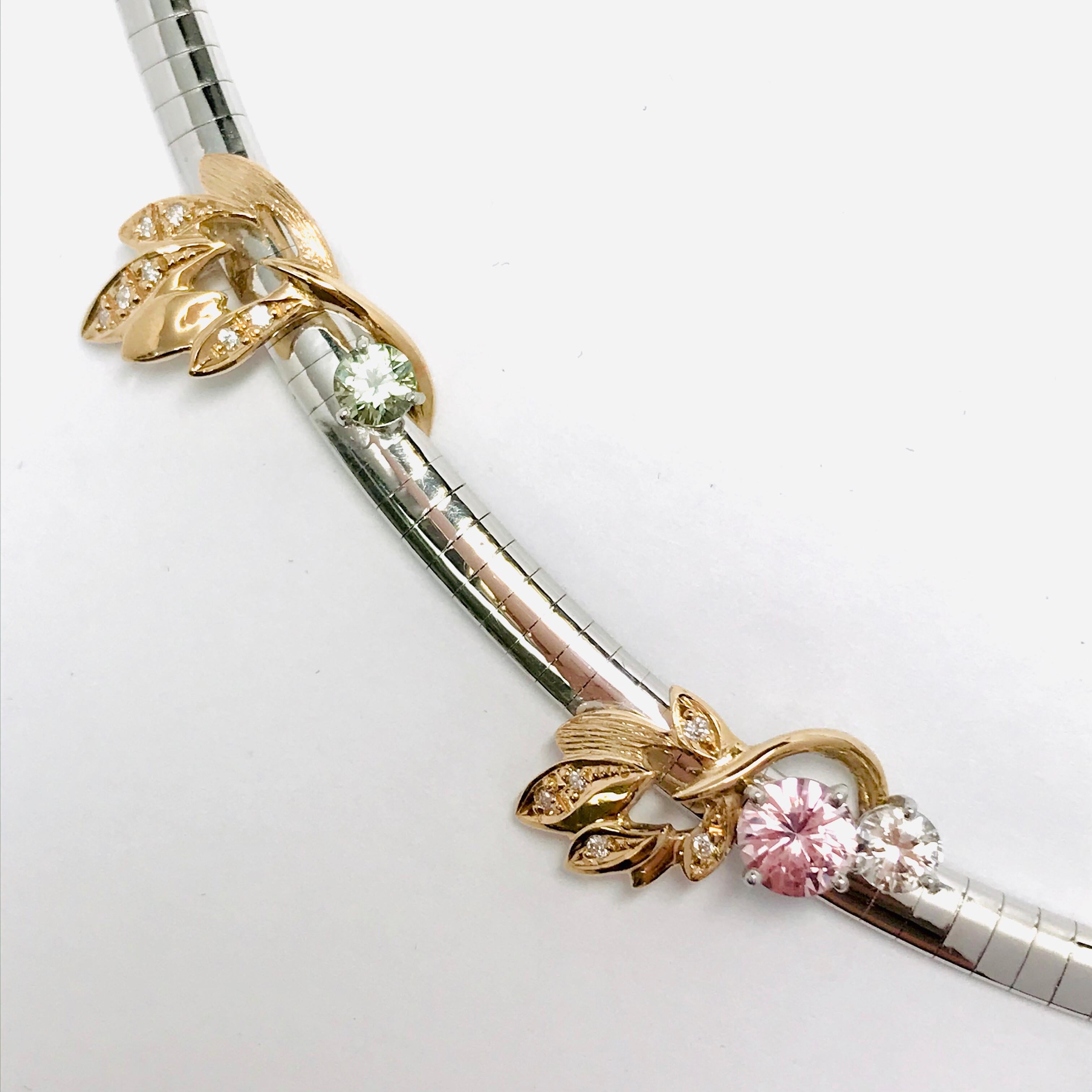 Matsuzaki 18 Karat White and Rose Gold Foliage Leaf Sapphire Diamond Necklace For Sale 4
