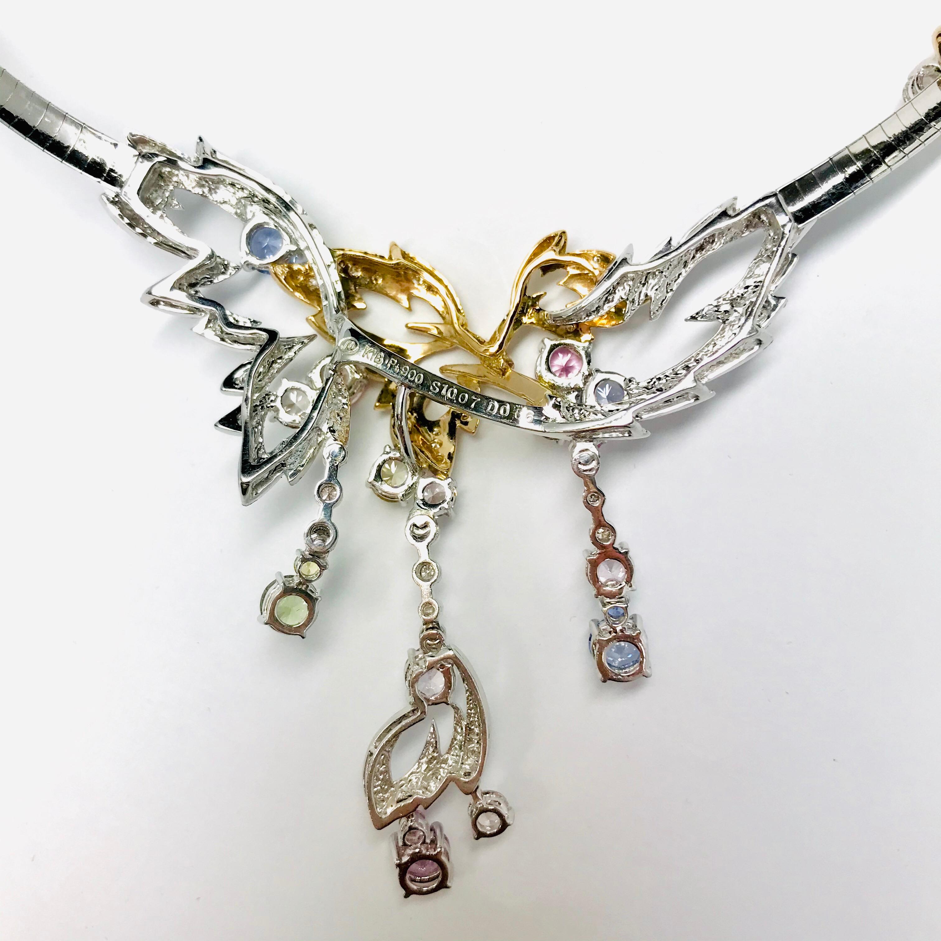 Matsuzaki 18 Karat White and Rose Gold Foliage Leaf Sapphire Diamond Necklace For Sale 6