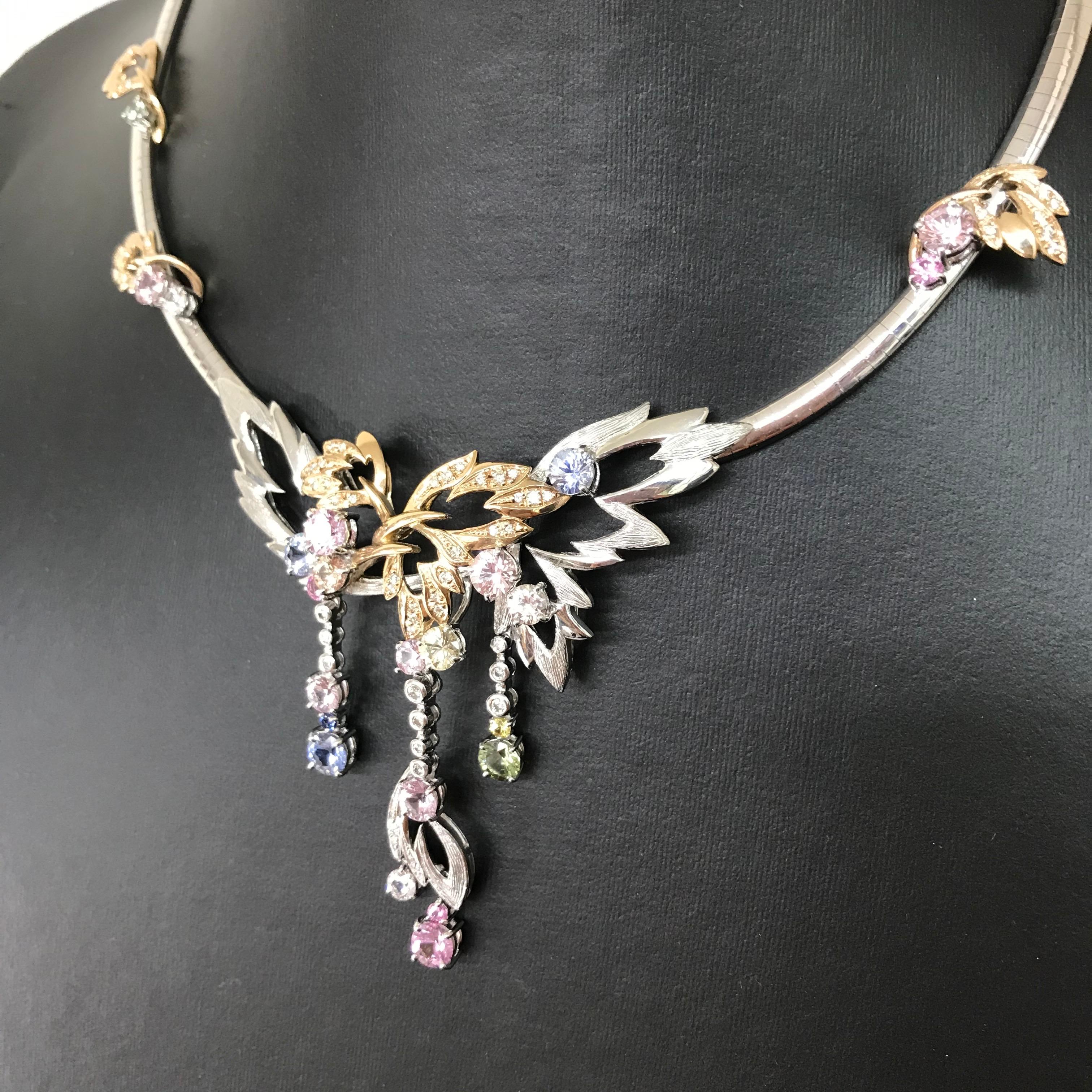 Matsuzaki 18 Karat White and Rose Gold Foliage Leaf Sapphire Diamond Necklace For Sale 8