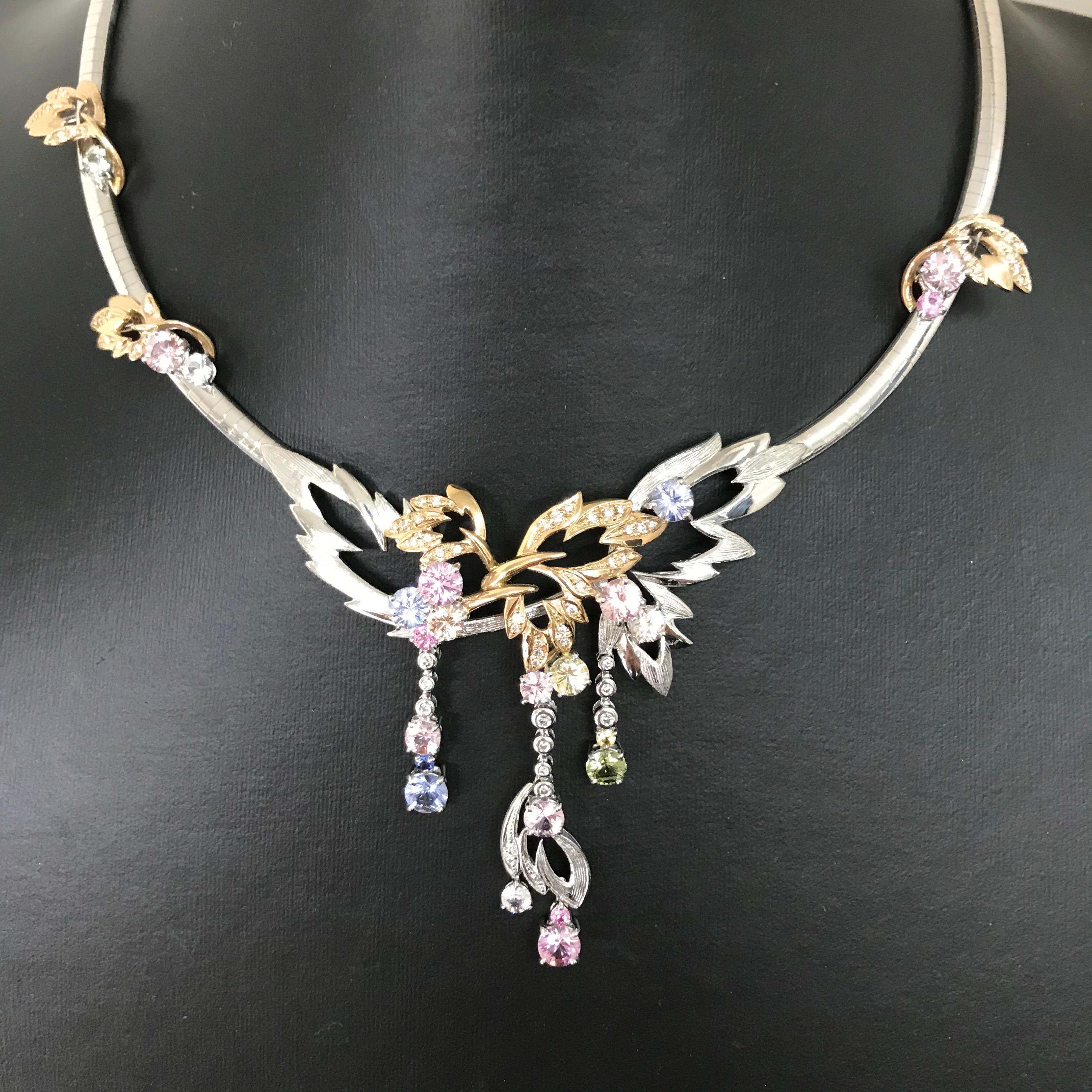 Matsuzaki 18 Karat White and Rose Gold Foliage Leaf Sapphire Diamond Necklace For Sale 9