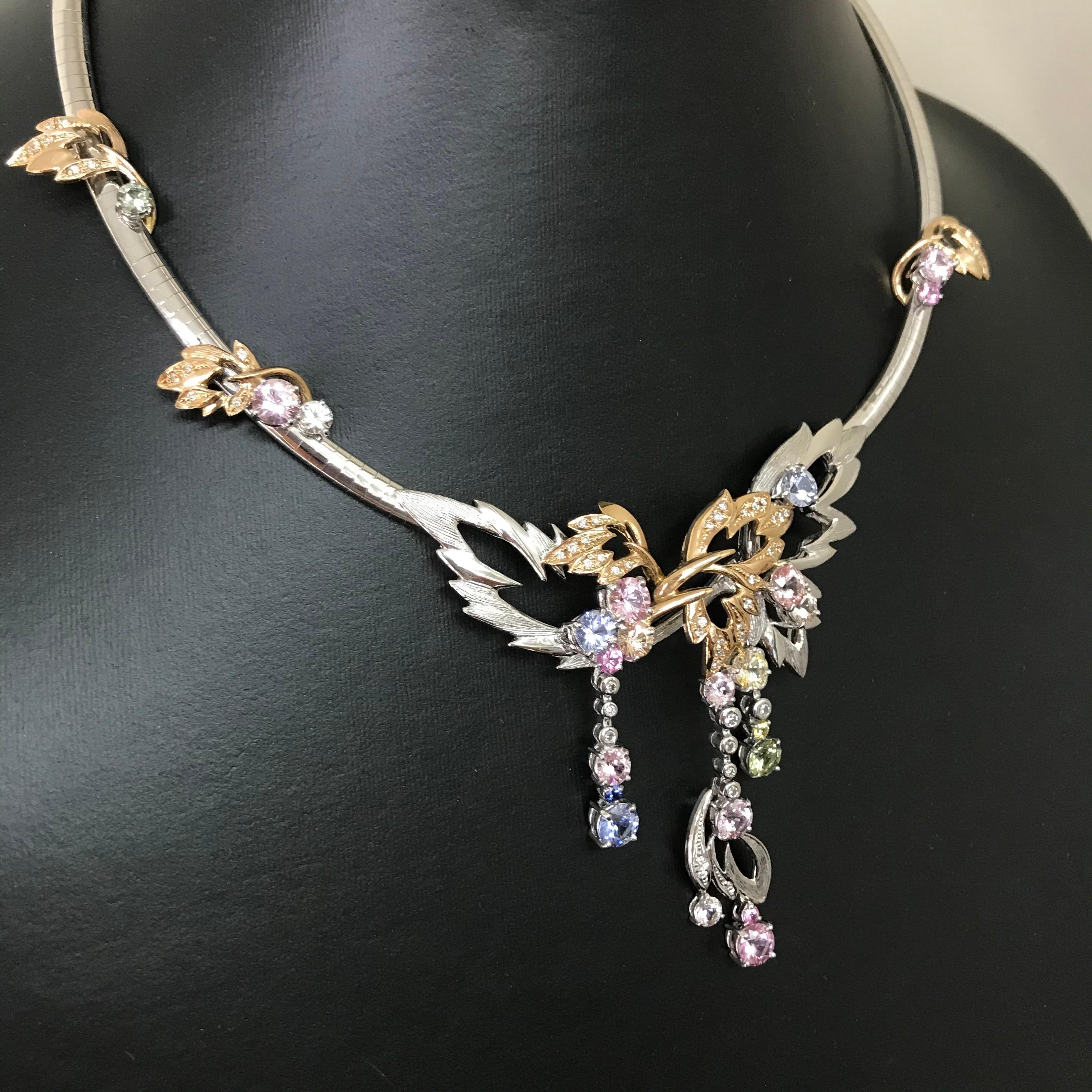Matsuzaki 18 Karat White and Rose Gold Foliage Leaf Sapphire Diamond Necklace For Sale 10