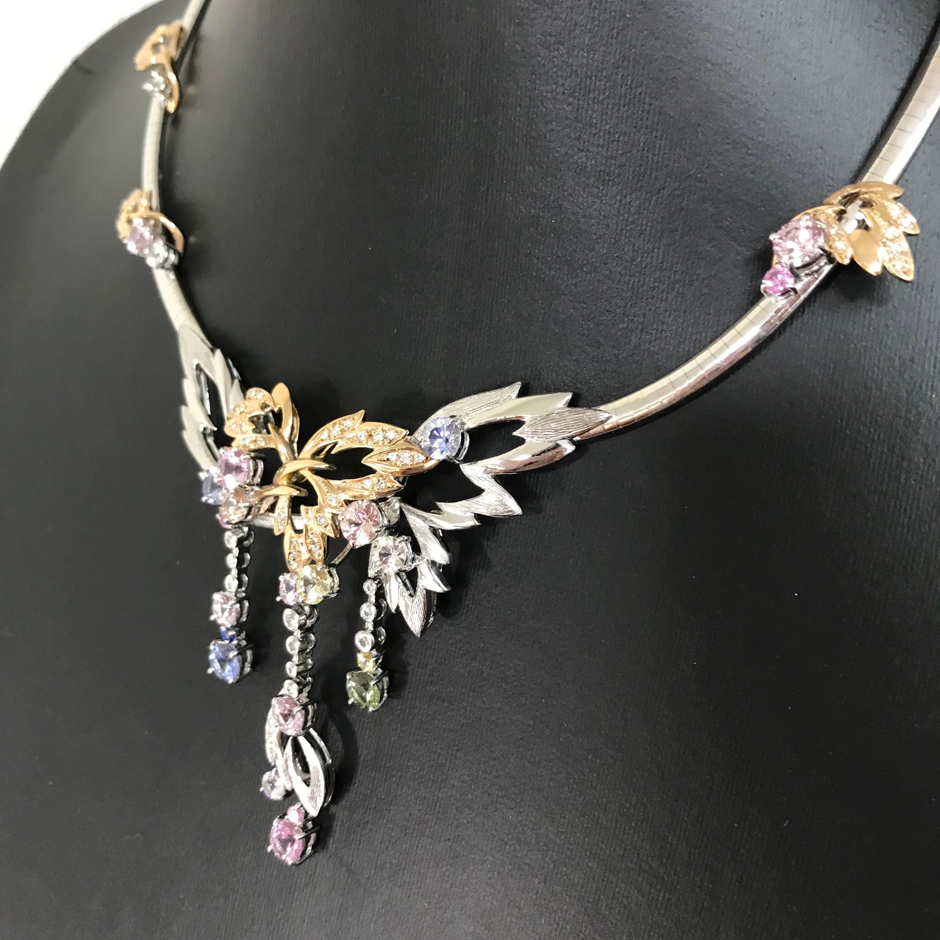 Matsuzaki 18 Karat White and Rose Gold Foliage Leaf Sapphire Diamond Necklace For Sale 11