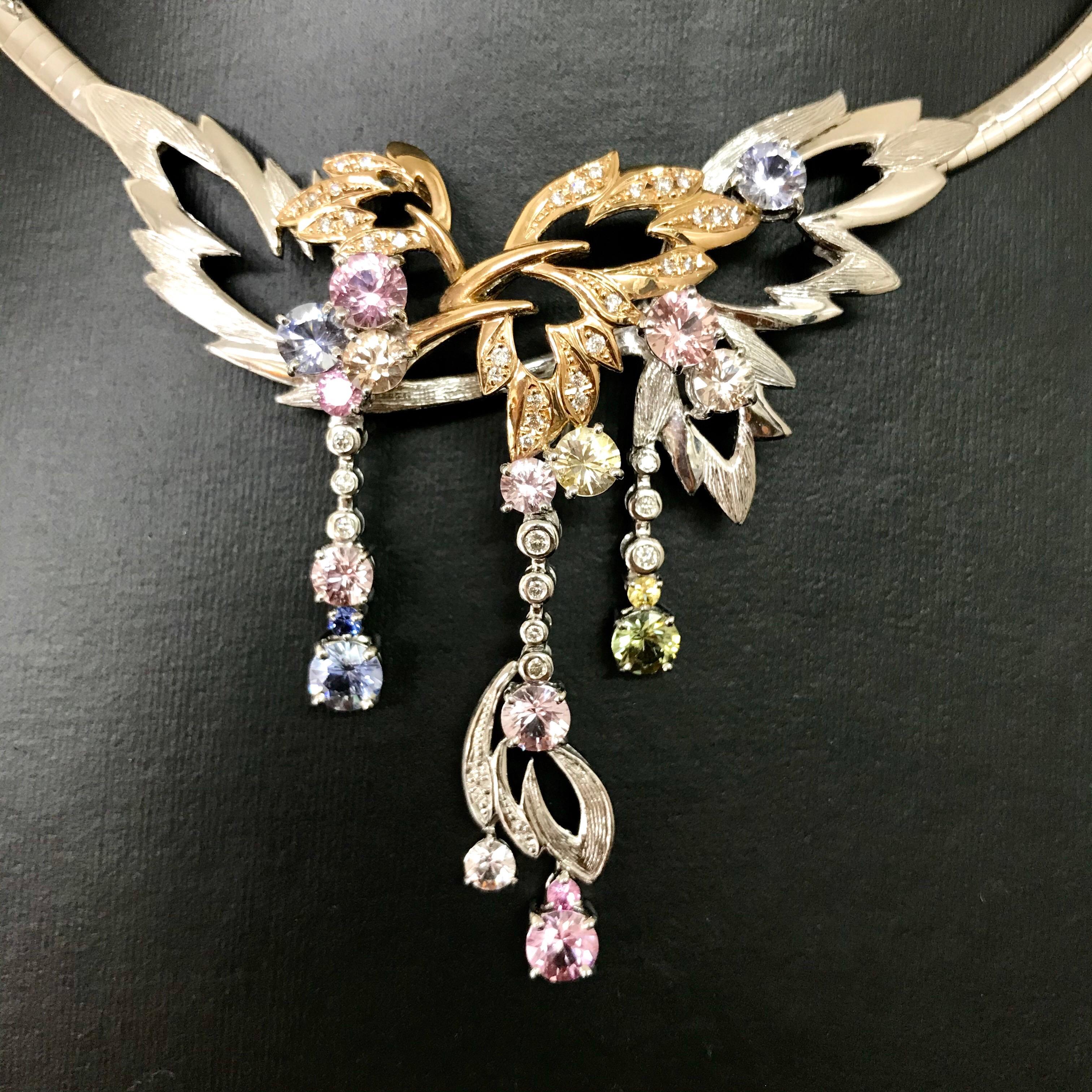 Matsuzaki 18 Karat White and Rose Gold Foliage Leaf Sapphire Diamond Necklace For Sale 12