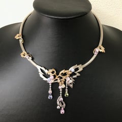 Matsuzaki 18 Karat White and Rose Gold Foliage Leaf Sapphire Diamond Necklace