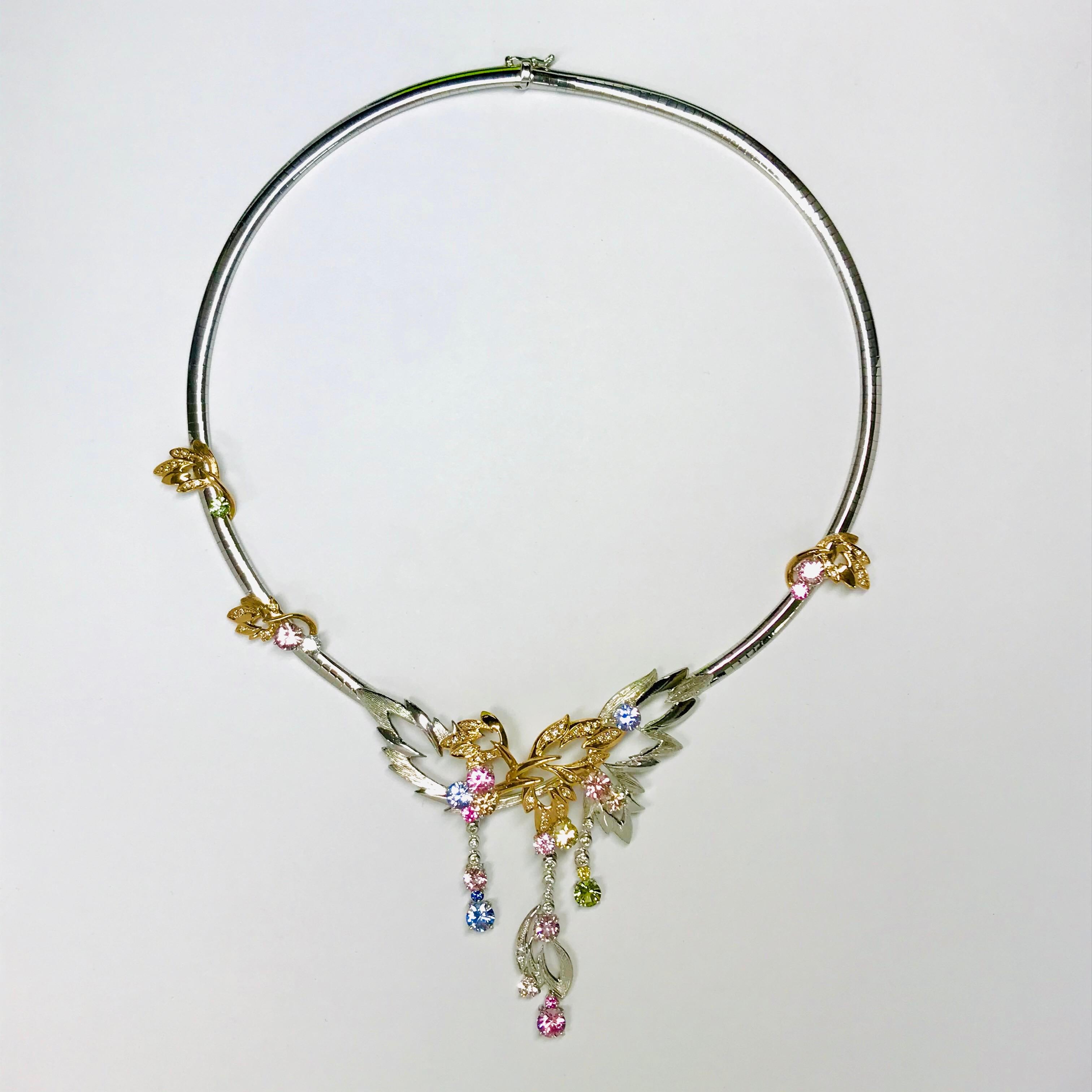 Artist Matsuzaki 18 Karat White and Rose Gold Foliage Leaf Sapphire Diamond Necklace For Sale