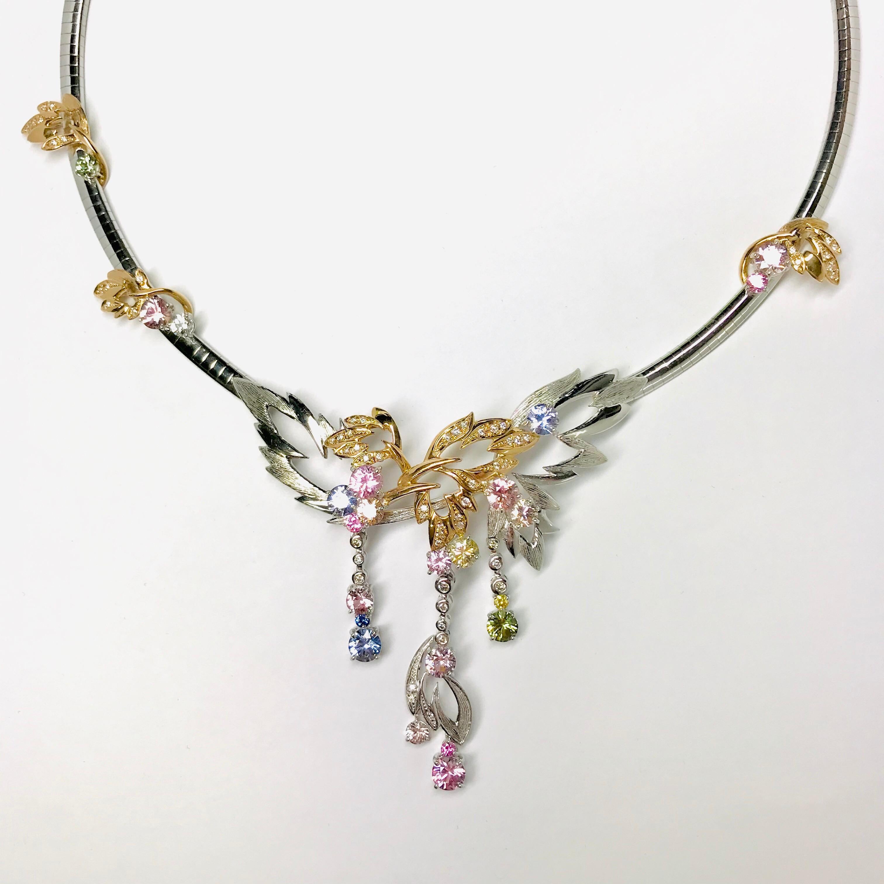 Round Cut Matsuzaki 18 Karat White and Rose Gold Foliage Leaf Sapphire Diamond Necklace For Sale