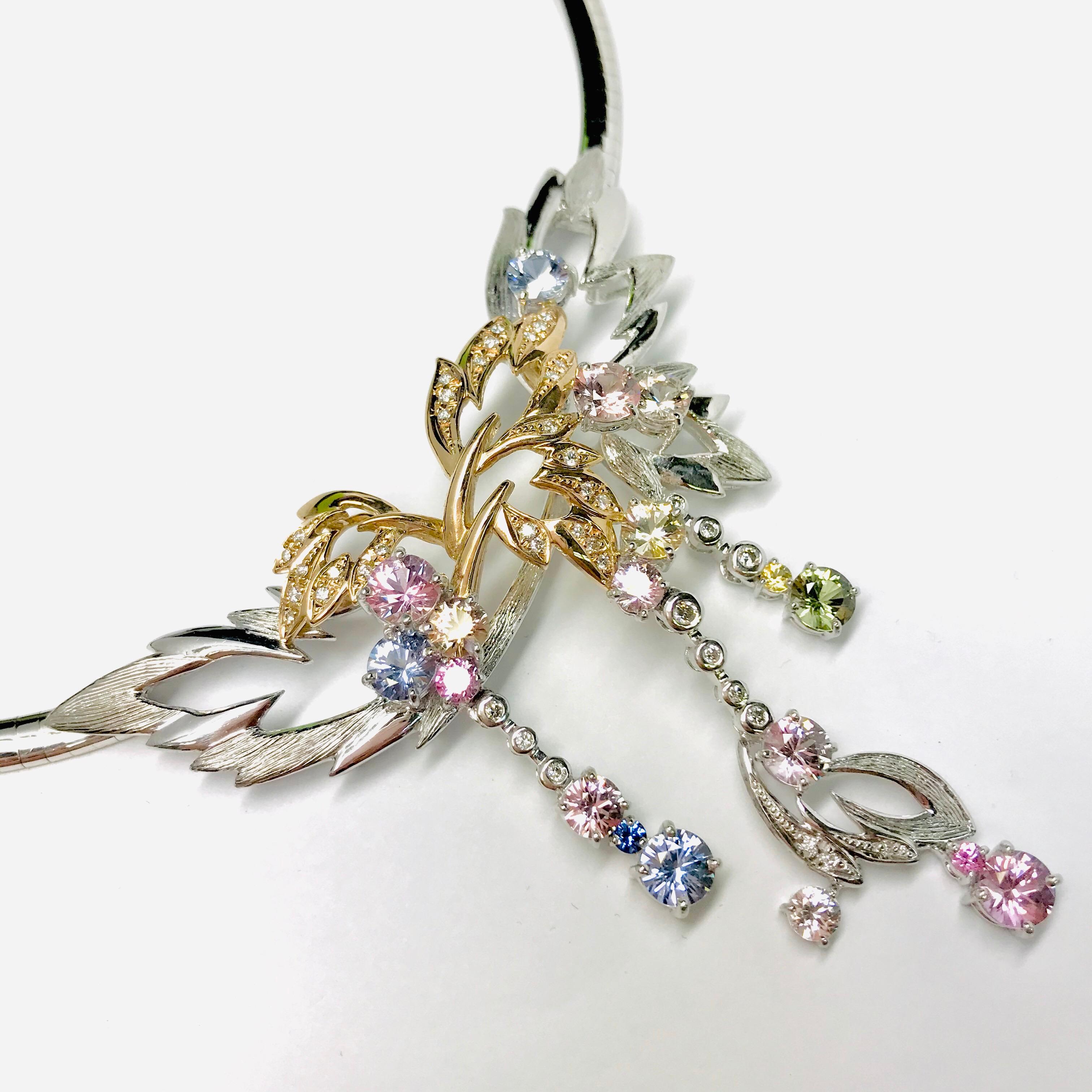 Men's Matsuzaki 18 Karat White and Rose Gold Foliage Leaf Sapphire Diamond Necklace For Sale