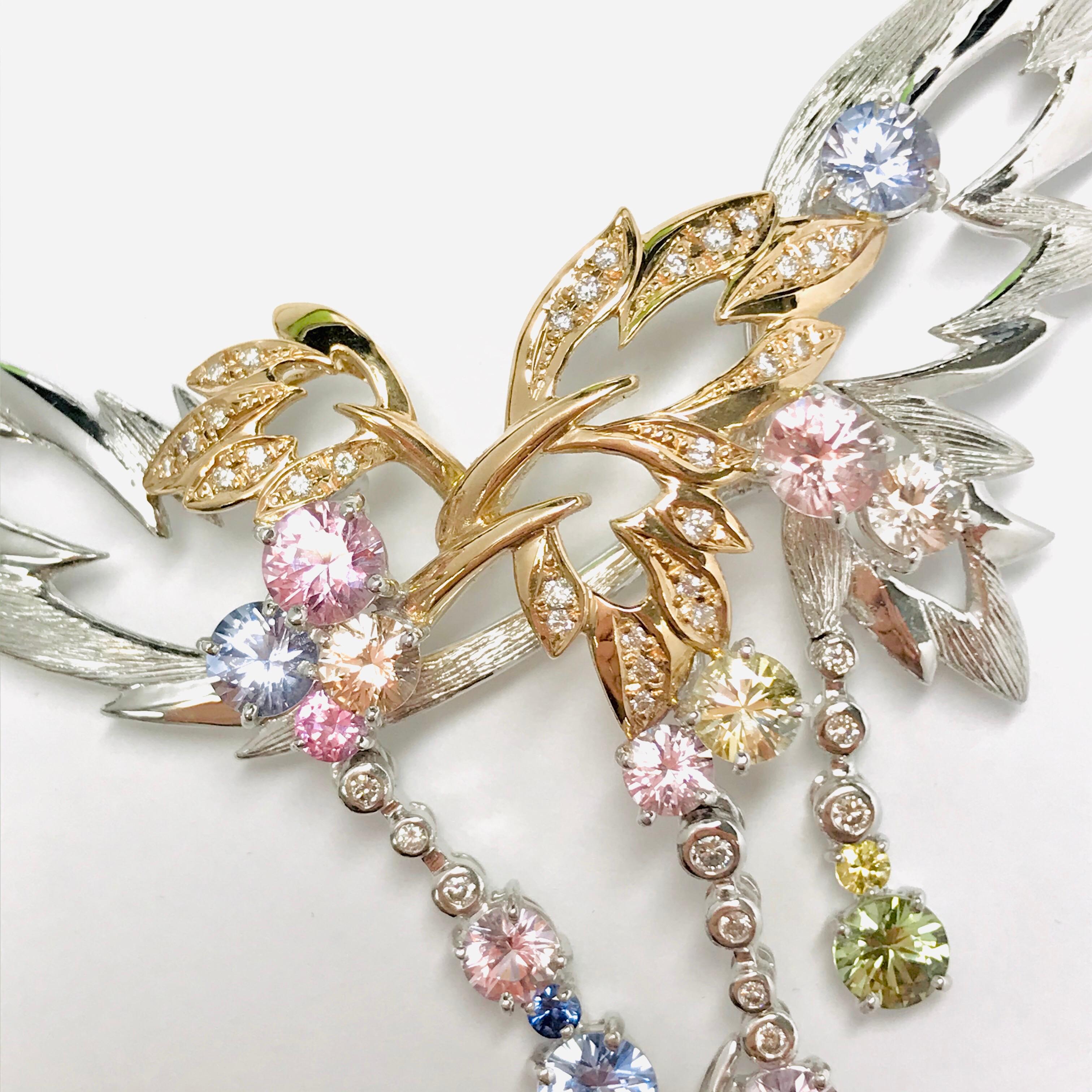 Matsuzaki 18 Karat White and Rose Gold Foliage Leaf Sapphire Diamond Necklace For Sale 2