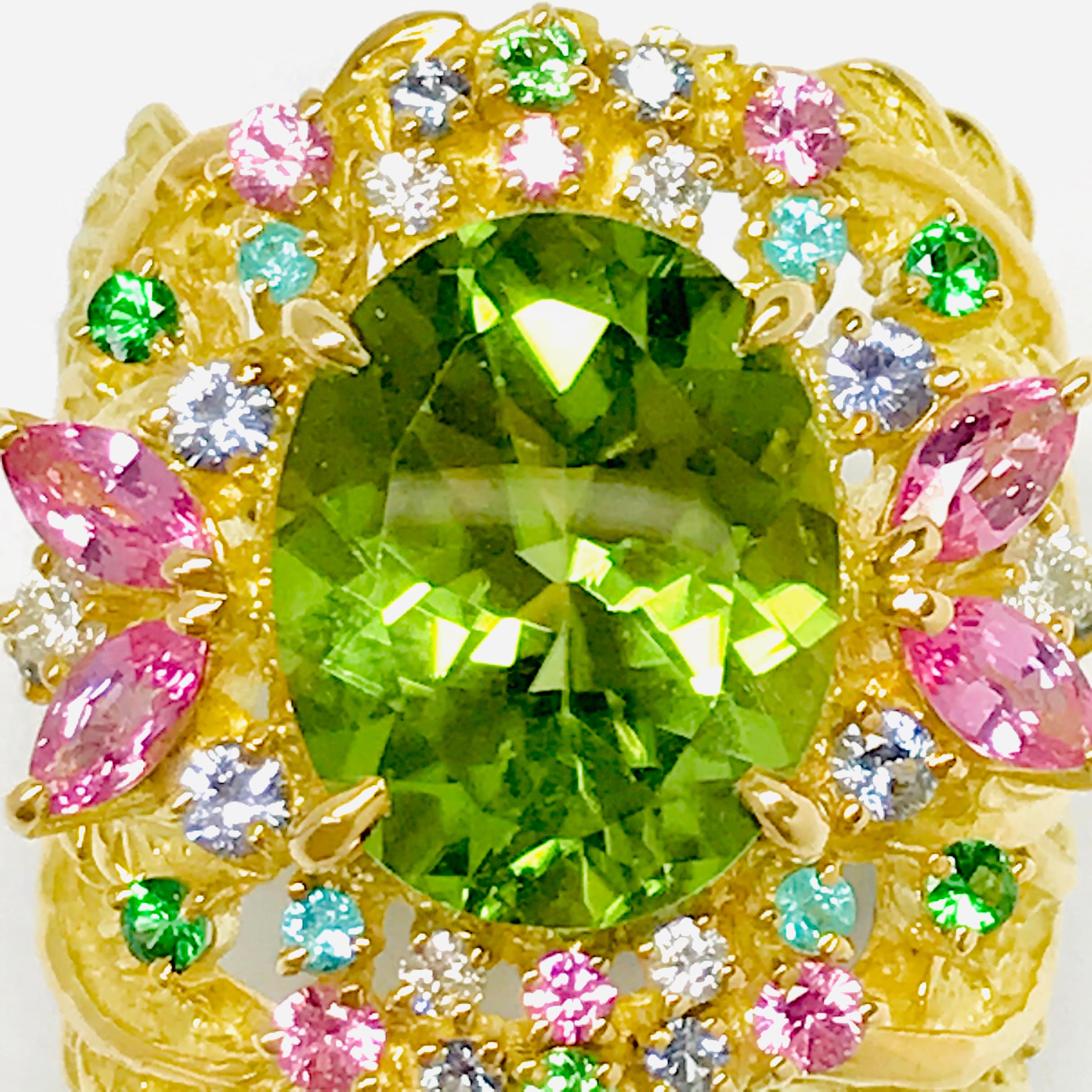 Matsuzaki 18K Gold 5.34ct Oval Peridot Paraiba Pink Sapphire Garnet Diamond Ring For Sale 8